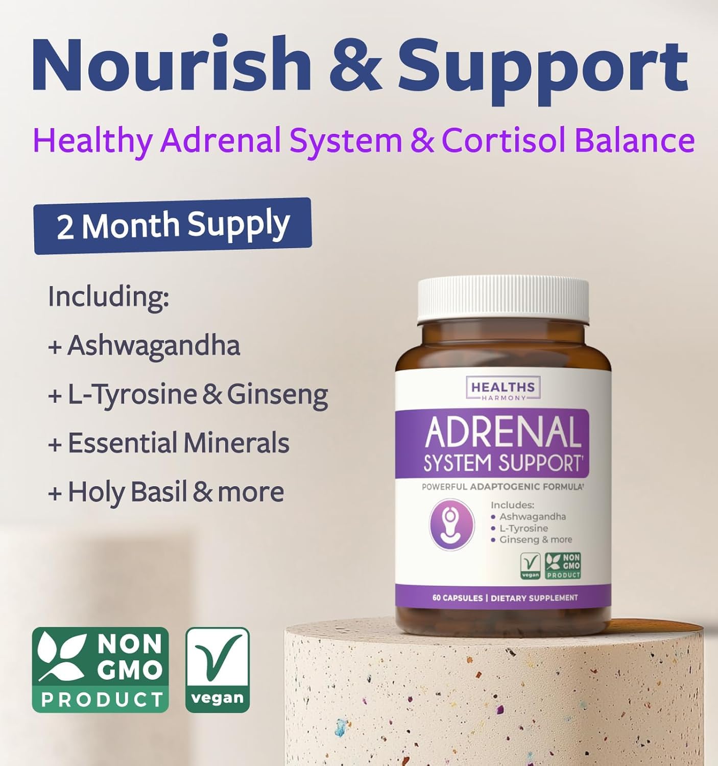 Adrenal System Support & Cortisol Manager (2 Month Supply) Powerful Ashwagandha & L-Tyrosine Fatigue Supplement - Maintain Balanced Cortisol Levels, Health, & Stress Relief - Non-GMO - 60 Capsules Healths HarmonyAu supplements