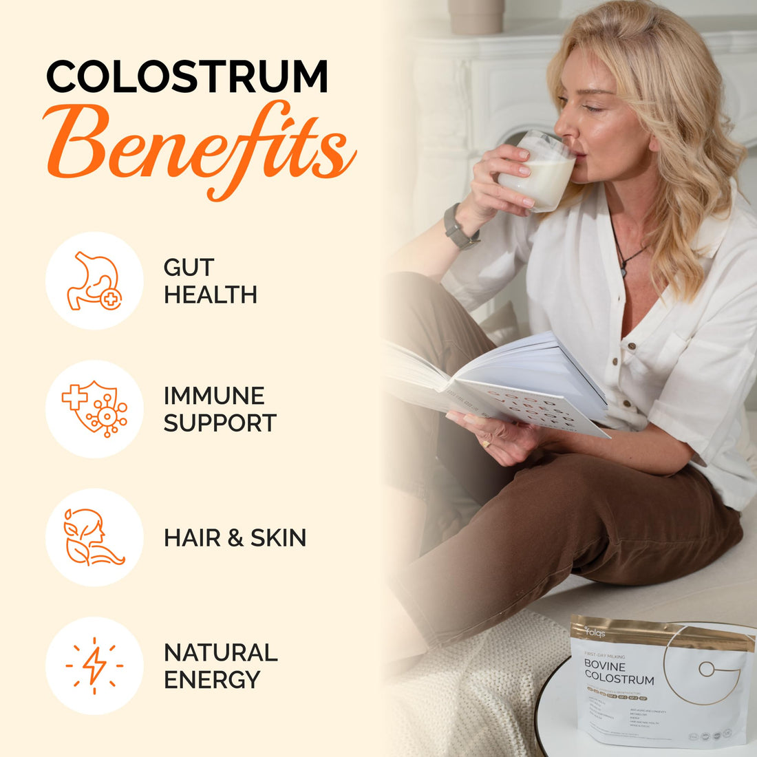 Folqs Bovine Colostrum Powder – First-Day Milking for Immune & Gut Support – 60 Servings – Supports Skin & Tissue Health – Made in USA - Amino Acids, Vitamins, Minerals – Kosher - Sustainably Sourced FolqsAu supplements