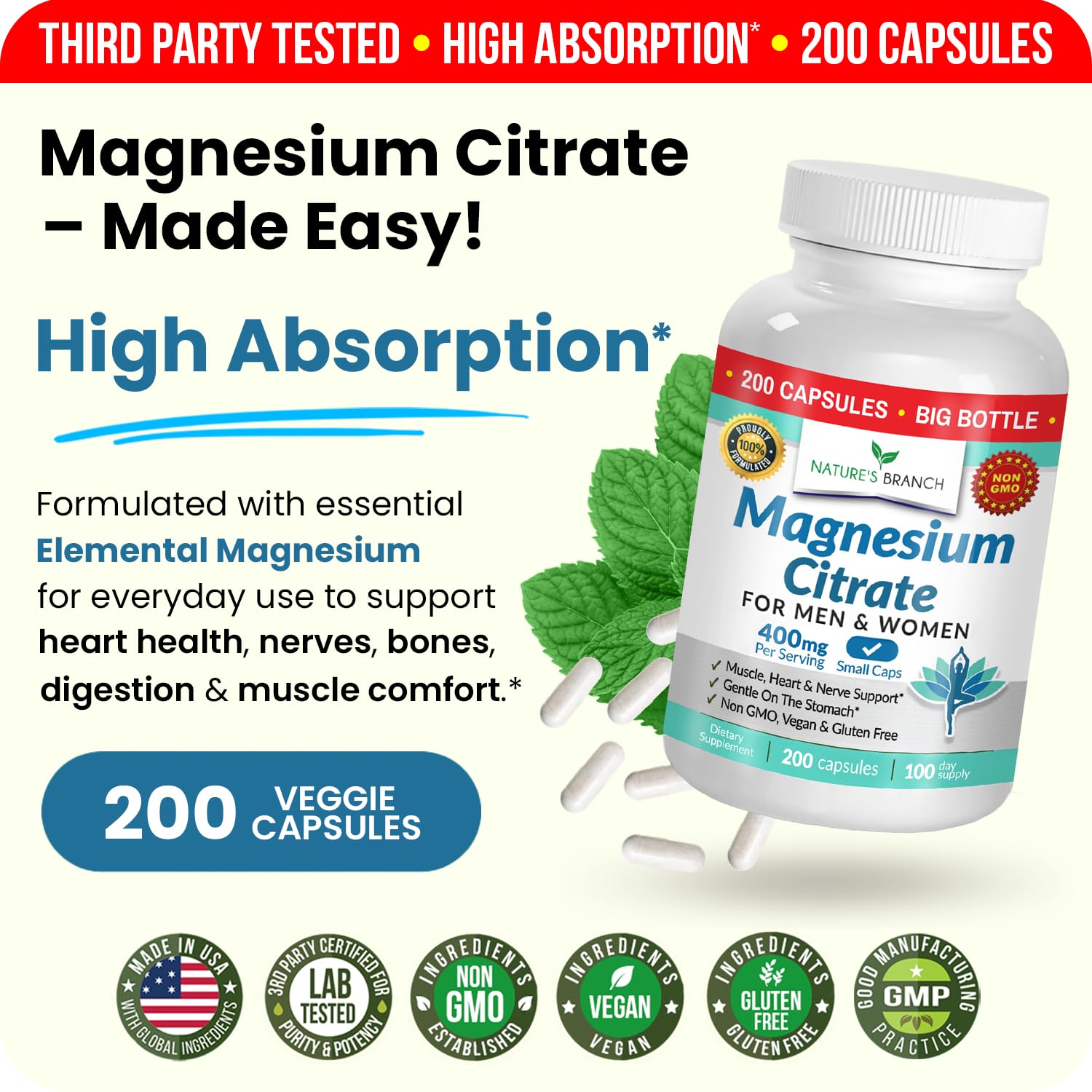 Magnesium Citrate 400mg | 200 Capsules, High Absorption for Sleep, Relax, Leg Cramps, Energy, Extra Strength Easy to Swallow Small Pills for Women & Men, Vegan Supplement for Digestion, Not Tablets NATURE'S BRANCHAu supplements