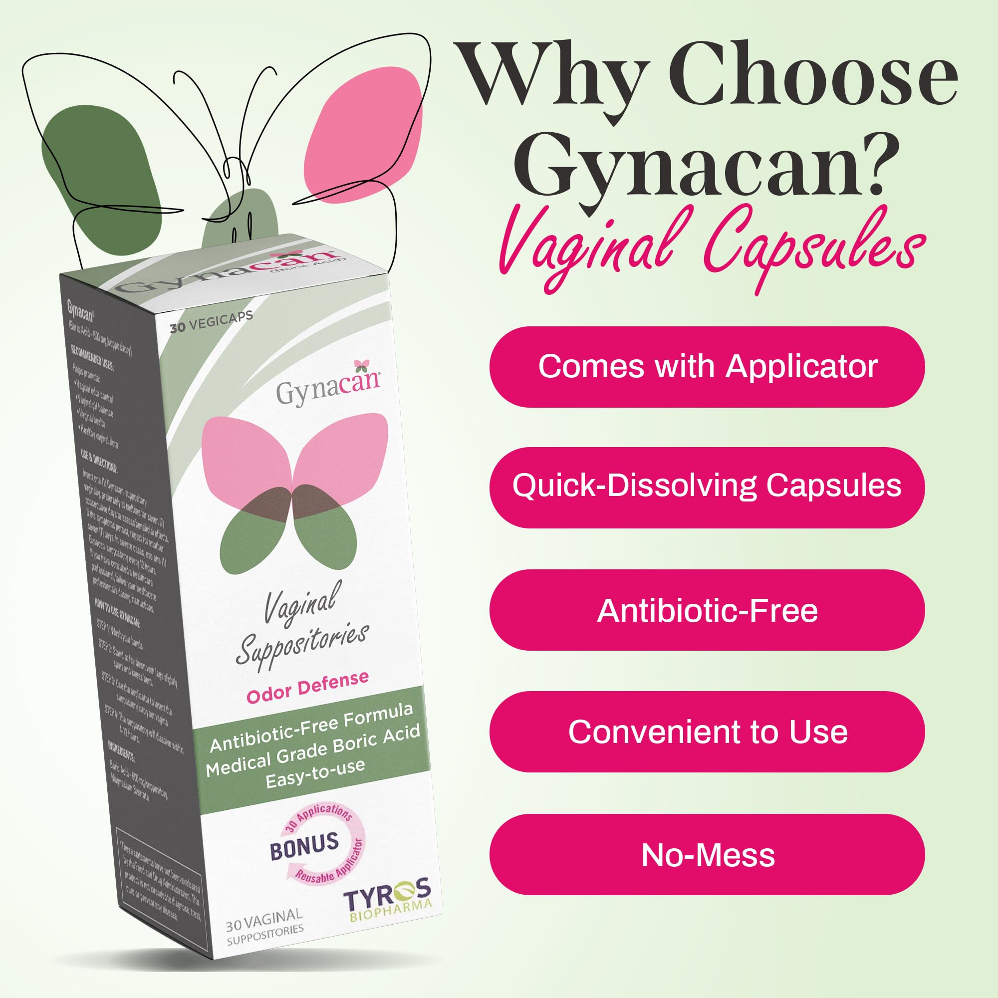 Gynacan Boric Acid Suppositories for Women - pH Balance Vaginal Treatment for Women Odor Prevention, Pure Formula, No-Mess Applicator, Gentle & Effective GynacanUS supplements