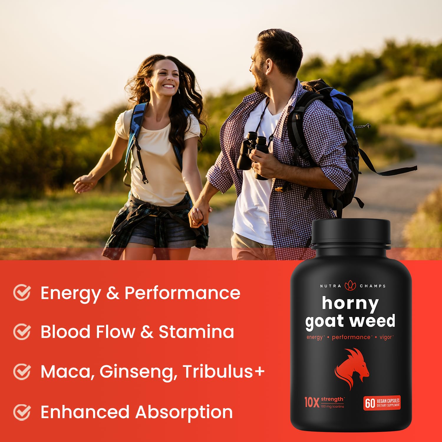 NutraChamps Horny Goat Weed, 1000mg Epimedium Energy Supplement, 10X Strength Icariin, Ginseng, Tribulus & Maca Pills for Women & Men, Enhanced Absorption with Black Pepper, 60 Vegan Capsules NutraChampsAu supplements