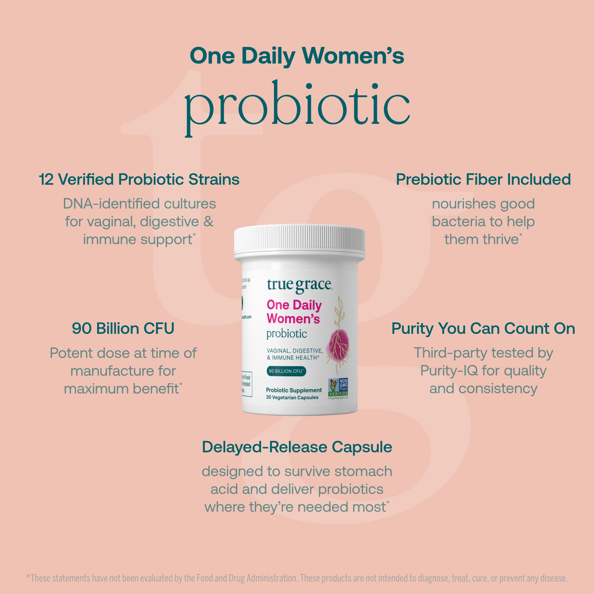 True Grace One Daily Women’s Probiotic - 30 Vegetarian Capsules - 90 Billion CFU - Digestive, Vaginal & Immune Health - Gluten & Soy Free True GraceAu supplements