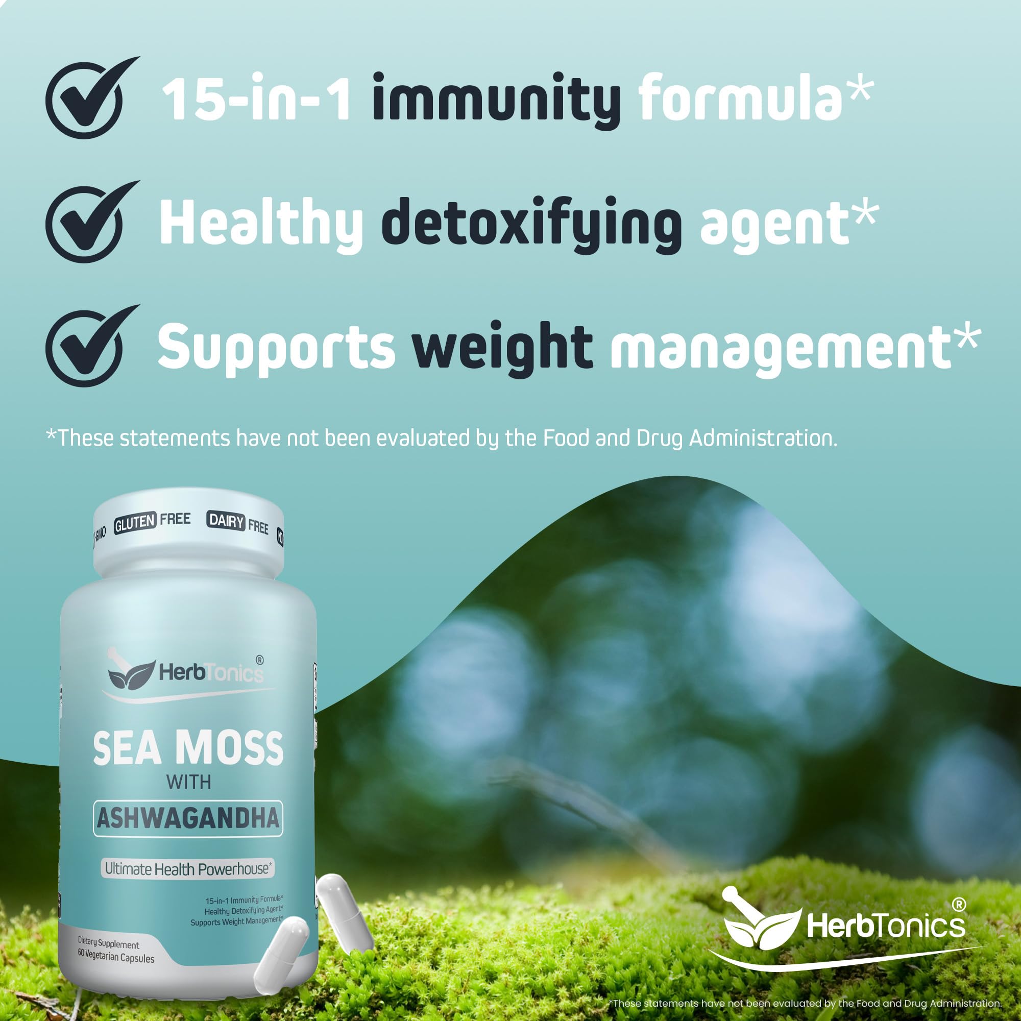 Herbtonics Sea Moss, Black Cumin Seed, Ashwagandha, Burdock Root & ACV Complex | Manage Immunity, Stress & Digestion Support | 60 Capsules (2 Capsules Per Serving) HerbtonicsAu supplements