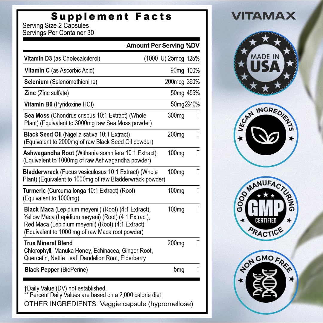Sea Moss 3000mg Maca 1000mg Black Seed Oil 2000mg Ashwagandha 1000mg Bladderw VitamaxUS supplements