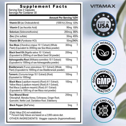 Sea Moss 3000mg Maca 1000mg Black Seed Oil 2000mg Ashwagandha 1000mg Bladderw VitamaxUS supplements