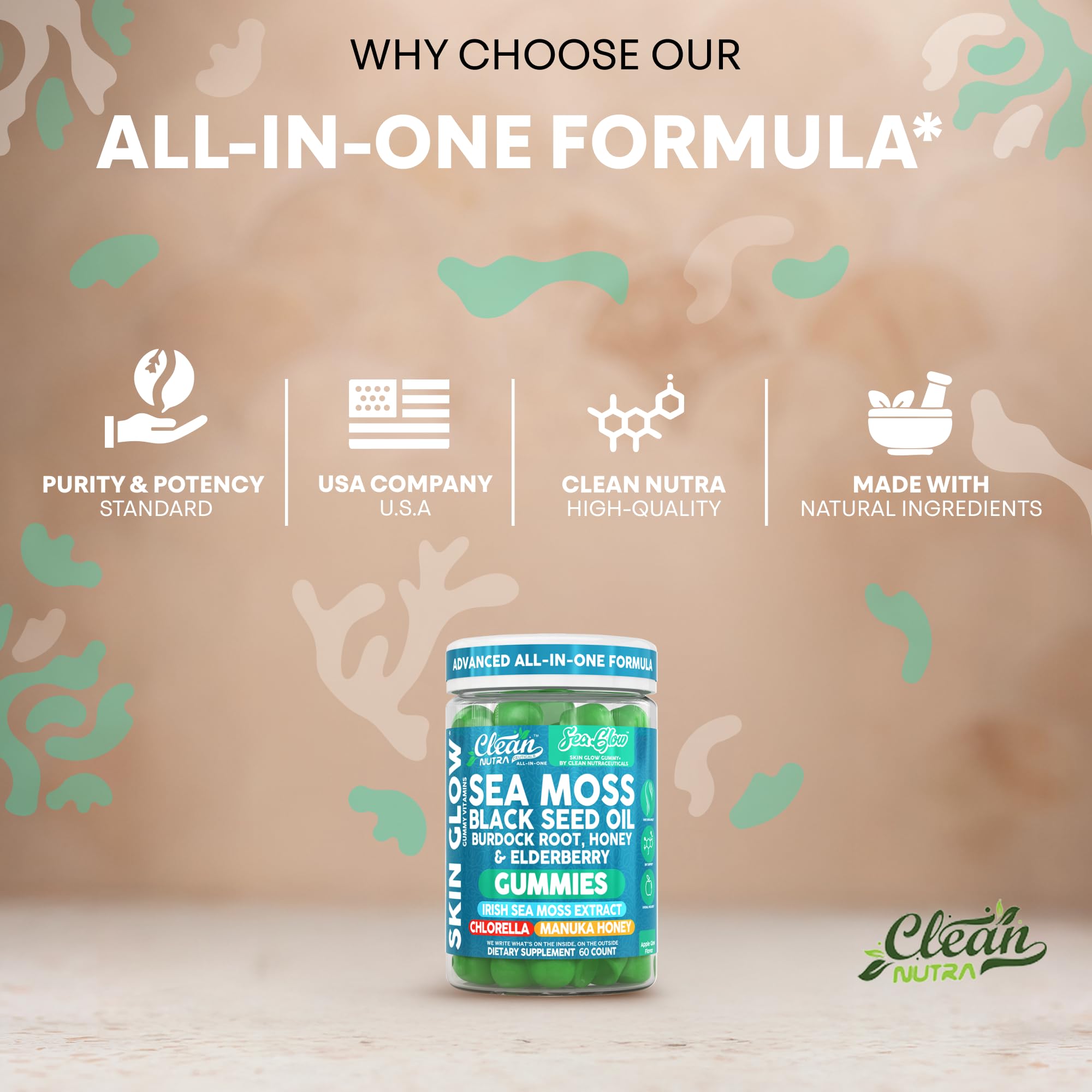 Clean Nutra Sea Moss Gummies Black Seed Oil Chlorella Ashwagandha Root Hair Growth Skin Glow Irish Sea Moss Elderberry Burdock Manuka Honey Trace Minerals Detox 60 Gummy Vitamins Sea Glow Supplement Clean NutraceuticalsAu supplements