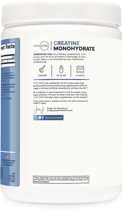 Type Zero Creatine Monohydrate Powder (Unflavored | 500g), 5000 mg Per Serving, Micronized, Zero Sugar, Keto Friendly & Gluten Free, 100 Servings Type ZeroUS supplements