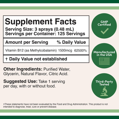 Vitamin B12 Sublingual Spray (2 Spray Dose of Vitamin 12 1000mcg, 3 Spray Serving Size Double Wood SupplementsUS supplements
