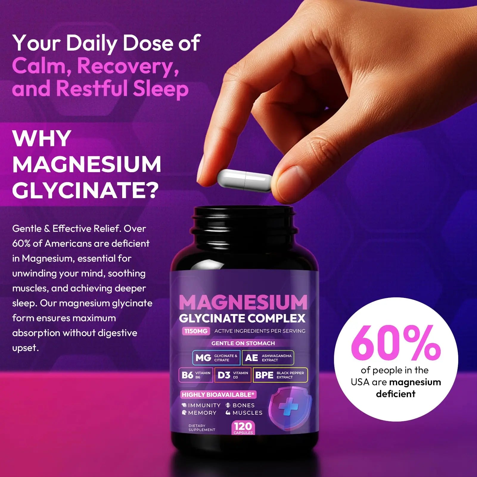 Magnesium Glycinate Complex 1150mg - Gentle on Stomach High Absorption Magnesium Capsules with Citrate, Silica, Ashwagandha & Vitamin B6 for Zzz, Stress Relief, Muscle Support for Adults, Women & Men Cytonanz supplements
