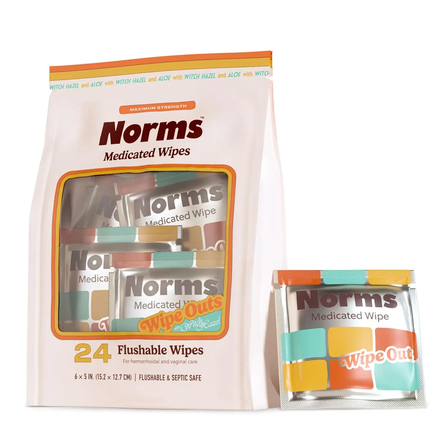 Norms Wipe Outs Hemorrhoid Wipes, 24 Individually Wrapped Witch Hazel Wipes with Aloe to Soothe and Cool Itching, Burning and Irritation, Flushable Septic Safe, Plant Based & Plastic-Free NormsAu supplements