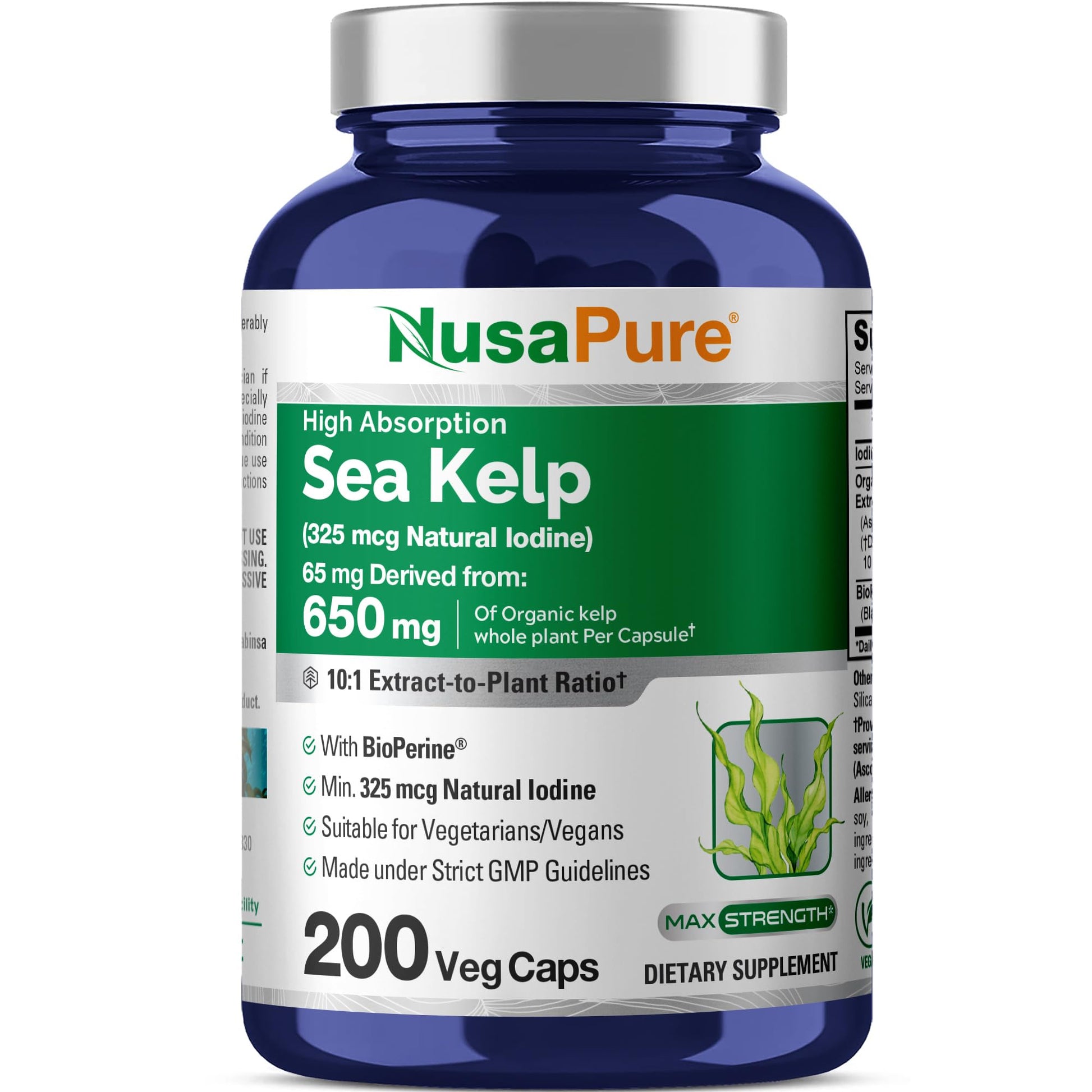 NusaPure Sea Kelp Natural Iodine 325mcg 10:1 Extract, 65 mg Equivalent to 650 mg Capsule 200 Count (Non-GMO, Vegan) NusaPureAu supplements