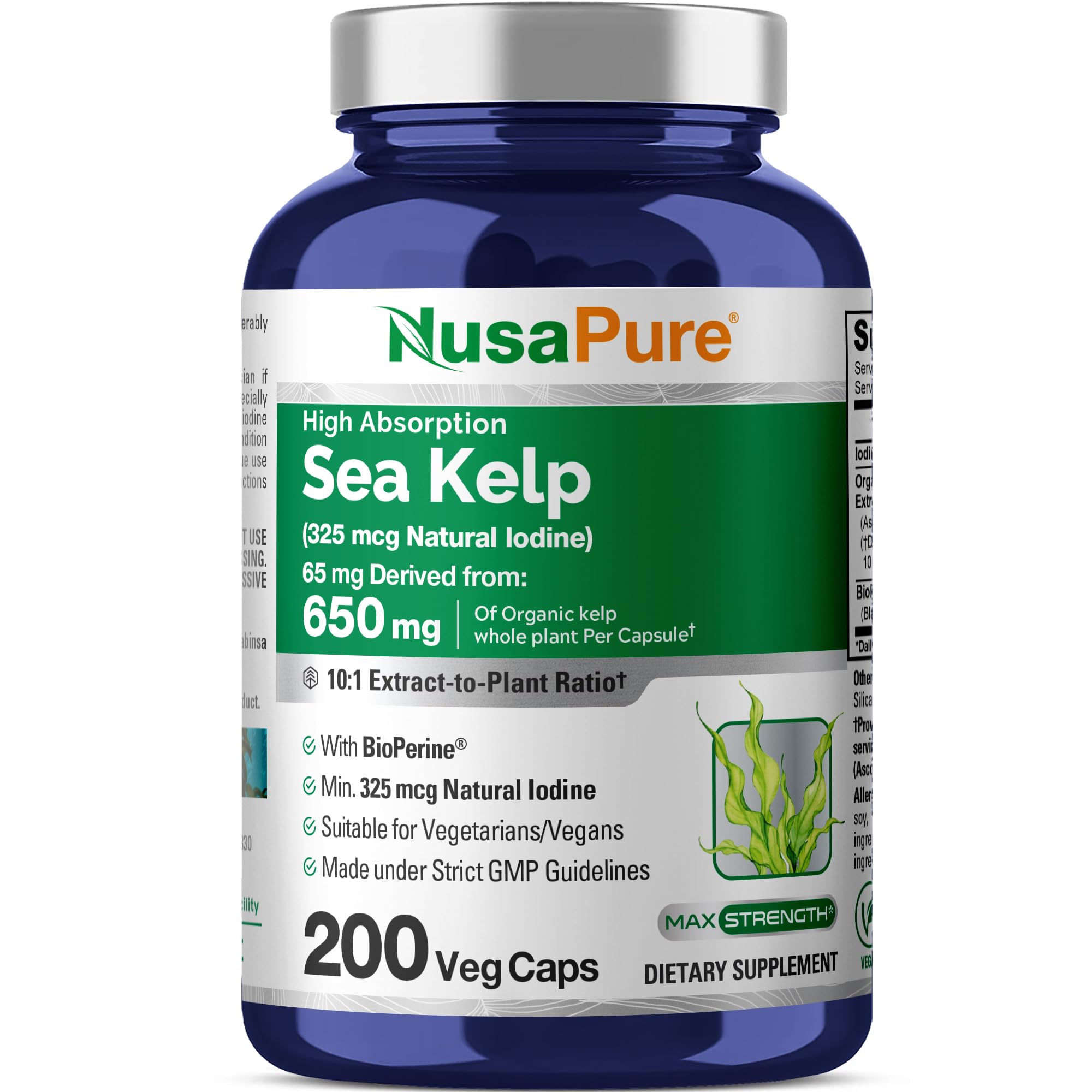NusaPure Sea Kelp Natural Iodine 325mcg 10:1 Extract, 65 mg Equivalent to 650 mg Capsule 200 Count (Non-GMO, Vegan) NusaPureAu supplements