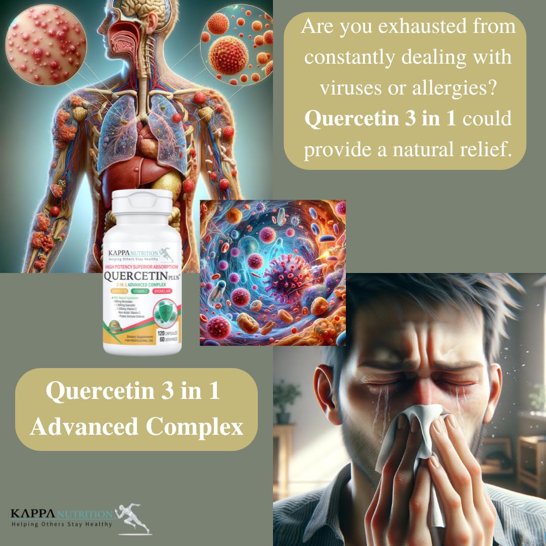 QUERCETIN PLUS, Quercetin 1,000mg, Bromelain 500mg and Vitamin C 1,000mg, (120 Capsules), 3 in 1 from Bioflavonoids, Supports Immune, Cardiovascular & Respiratory Health, Seasonal Allergy Relief. KAPPA NUTRITIONAu supplements