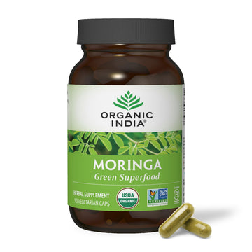 ORGANIC INDIA Moringa Herbal Supplement - Green Superfood, Nutrient Dense, Pure Plant Protein, Vitamin A, E, K, Iron, Calcium, Fiber, Vegan