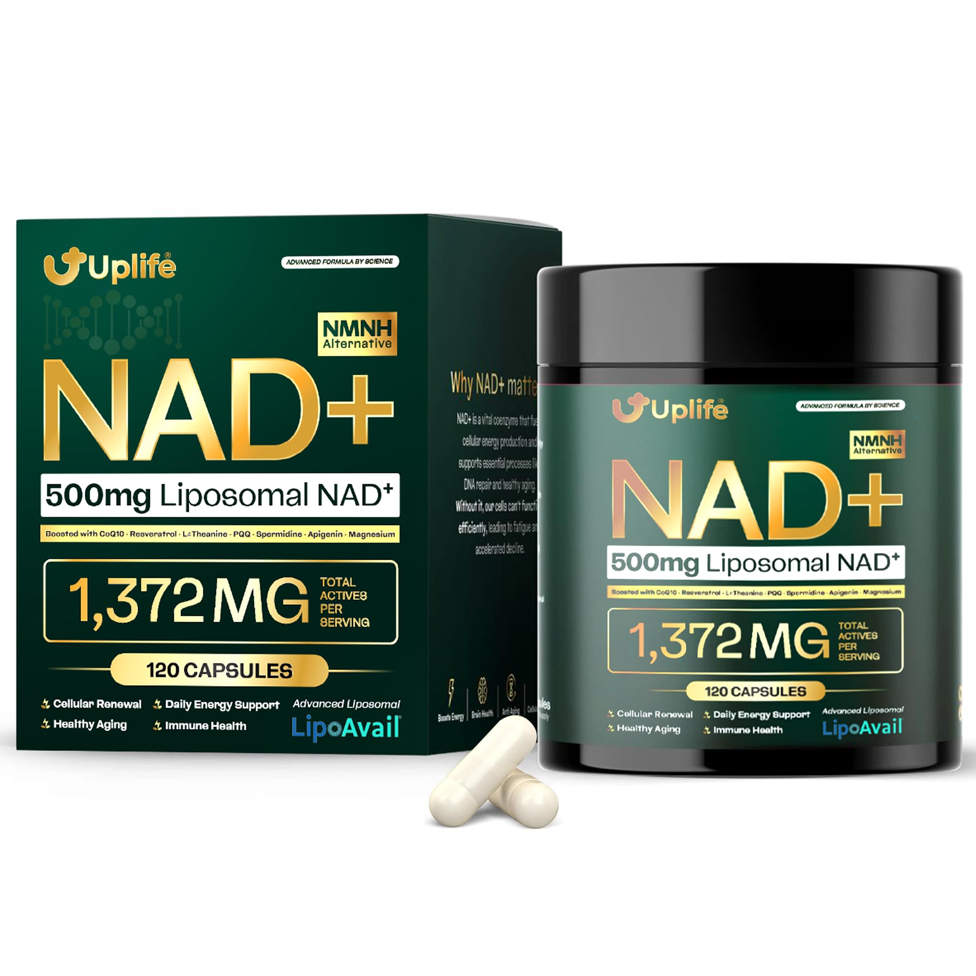 UPLIFE NAD+ Supplement 1,372mg – Liposomal NAD+ with CoQ10, Resveratrol, Spermidine, L-Theanine, Apigenin & PQQ – NMNH Alternative Booster Cellular Energy, Healthy Aging, Immune Health – 120 Capsules UPLIFEAu supplements