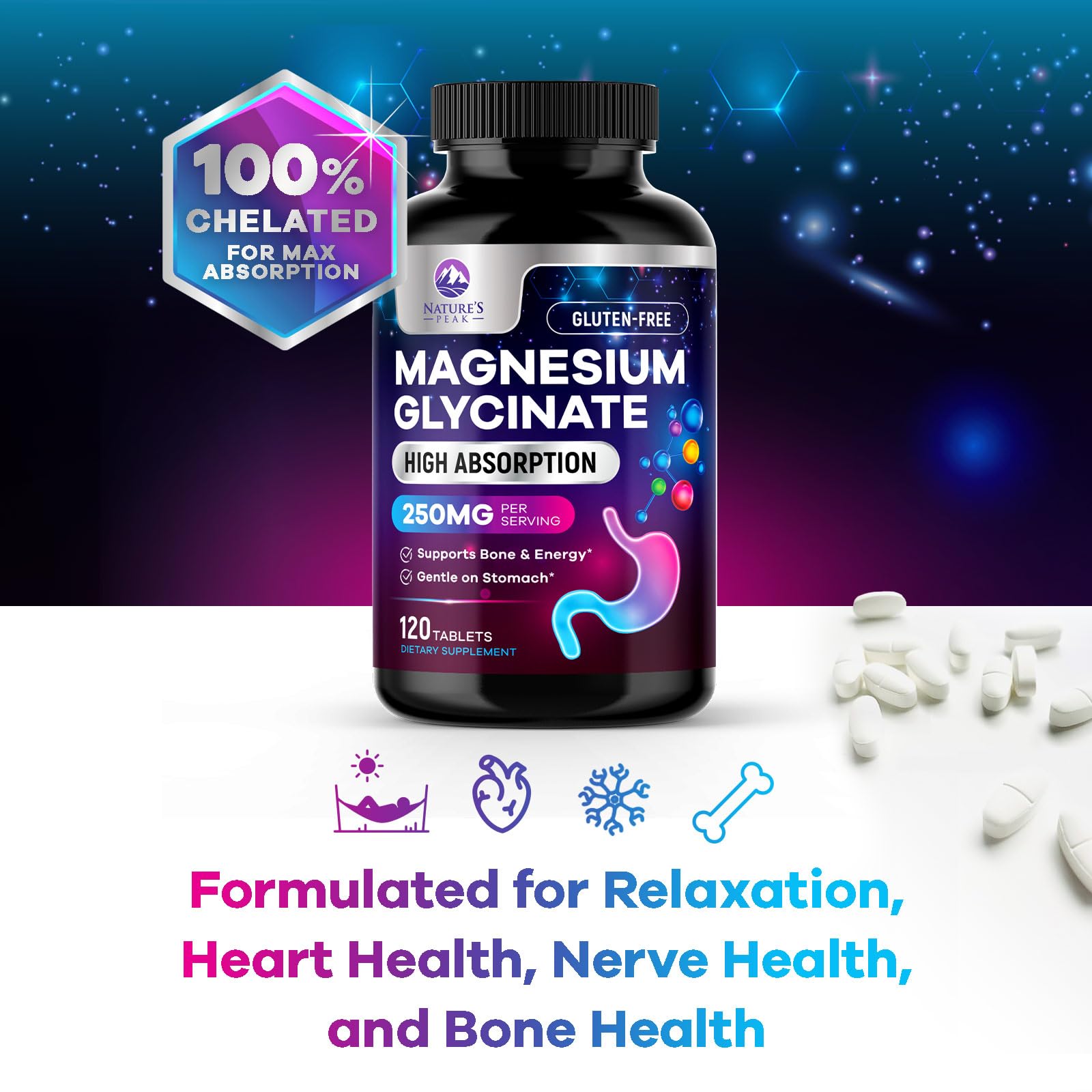 Magnesium Glycinate Supplement 250mg - 100% Chelated & Purified - to Support Sleep, Heart Health, Muscles, & Bone Strength - Best Absorption Magnesium Glycinate Capsules, Bottled in USA - 120 Tablets Nature's PeakAu supplements
