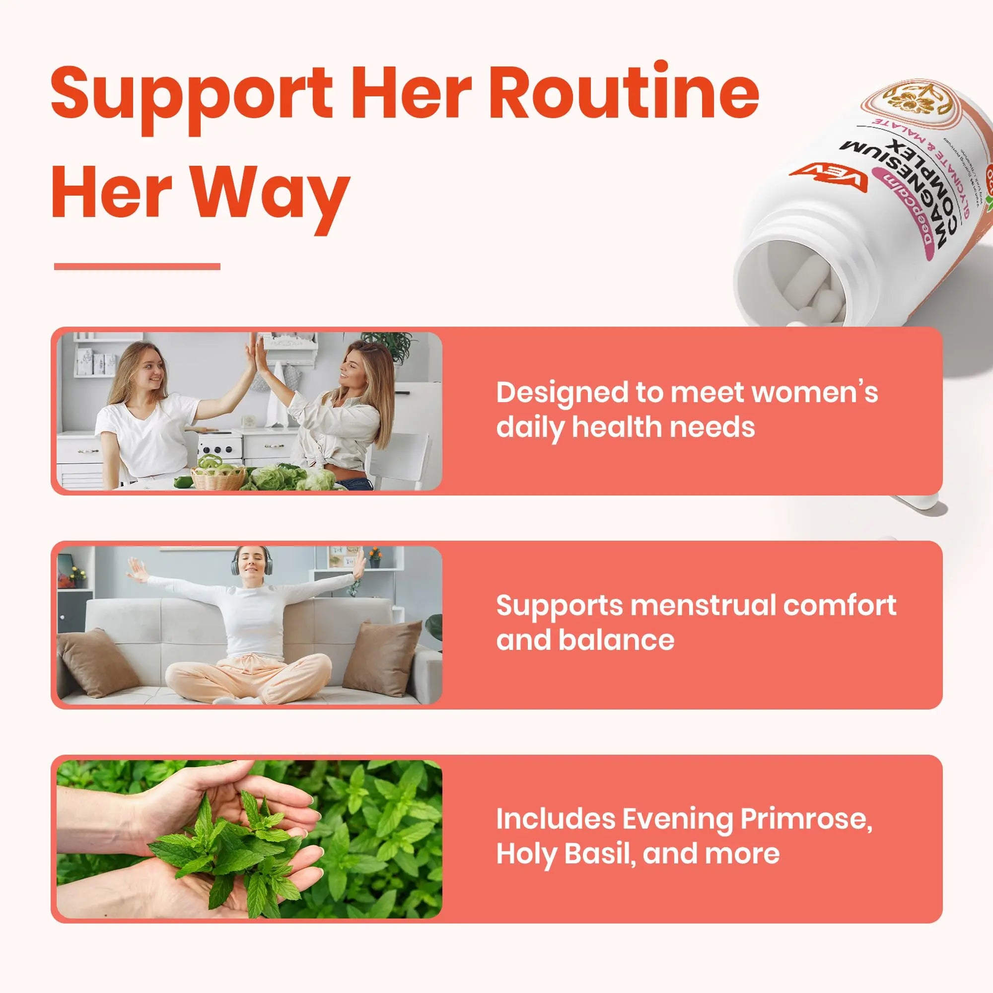 VEV Deep Calm Magnesium Complex for Women – Glycinate, Malate, B6, L-Theanine & Holy Basil – Support for Daily Magnesium & Stress Relief – 120 Vegan Capsules VEVnz supplements
