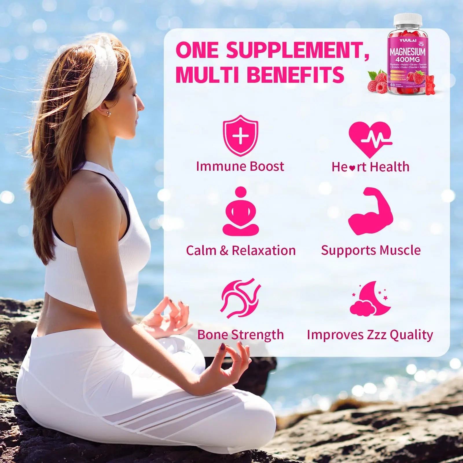 Pack of 2 Magnesium Complex Gummies 400mg, Magnesium Glycinate, Malate, Citrate, Taurate, Oxide & More | w/Ashwagandha Extract, D3 & B12 for Calm, Zzz, Relaxation, Raspberry Flavor, 120 Count YUULAInz supplements