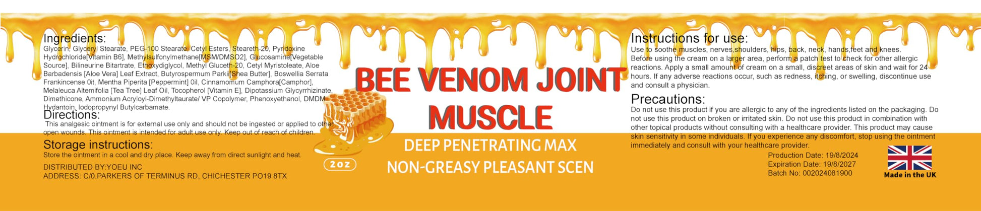 MRBOOHINET Organic Bee Venom Therapy Serum, Professional Joint & Muscle & Bone Release Cream - 24 Hour Soothing Effective Release for Back, Neck, Hand, Foot, Knee, Muscle, Shoulder, Hip, Nerve MRBOOHINETAu supplements
