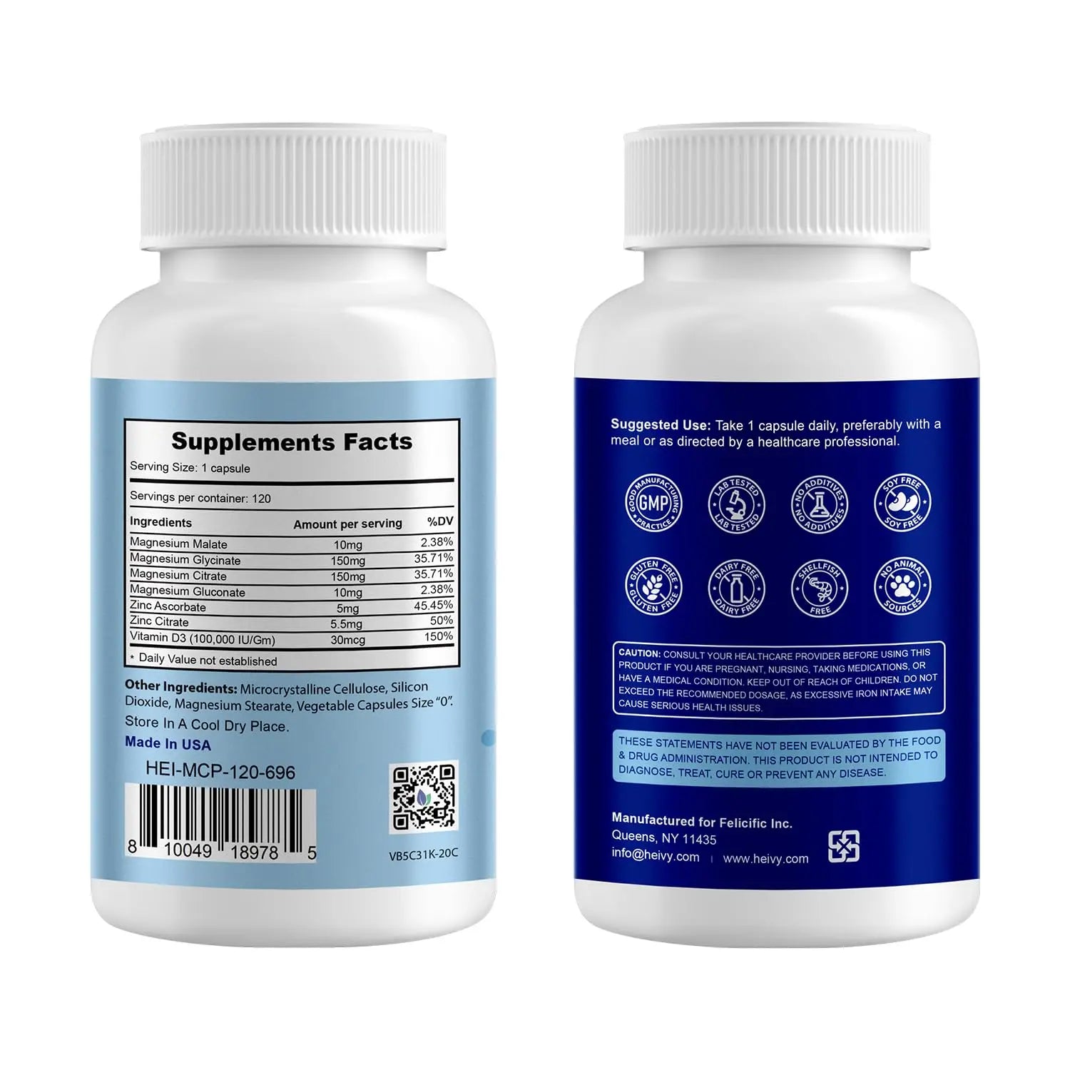 Heivy 4 in 1 Magnesium Complex with Zinc & Vitamin D3, 320mg Elemental Magnesium (Glycinate/Citrate/Gluconate/Malate), 120 Capsules (4 Months Supply), Vegan, Non-GMO, Gluten-Free, 3rd Party Tested Heivynz supplements