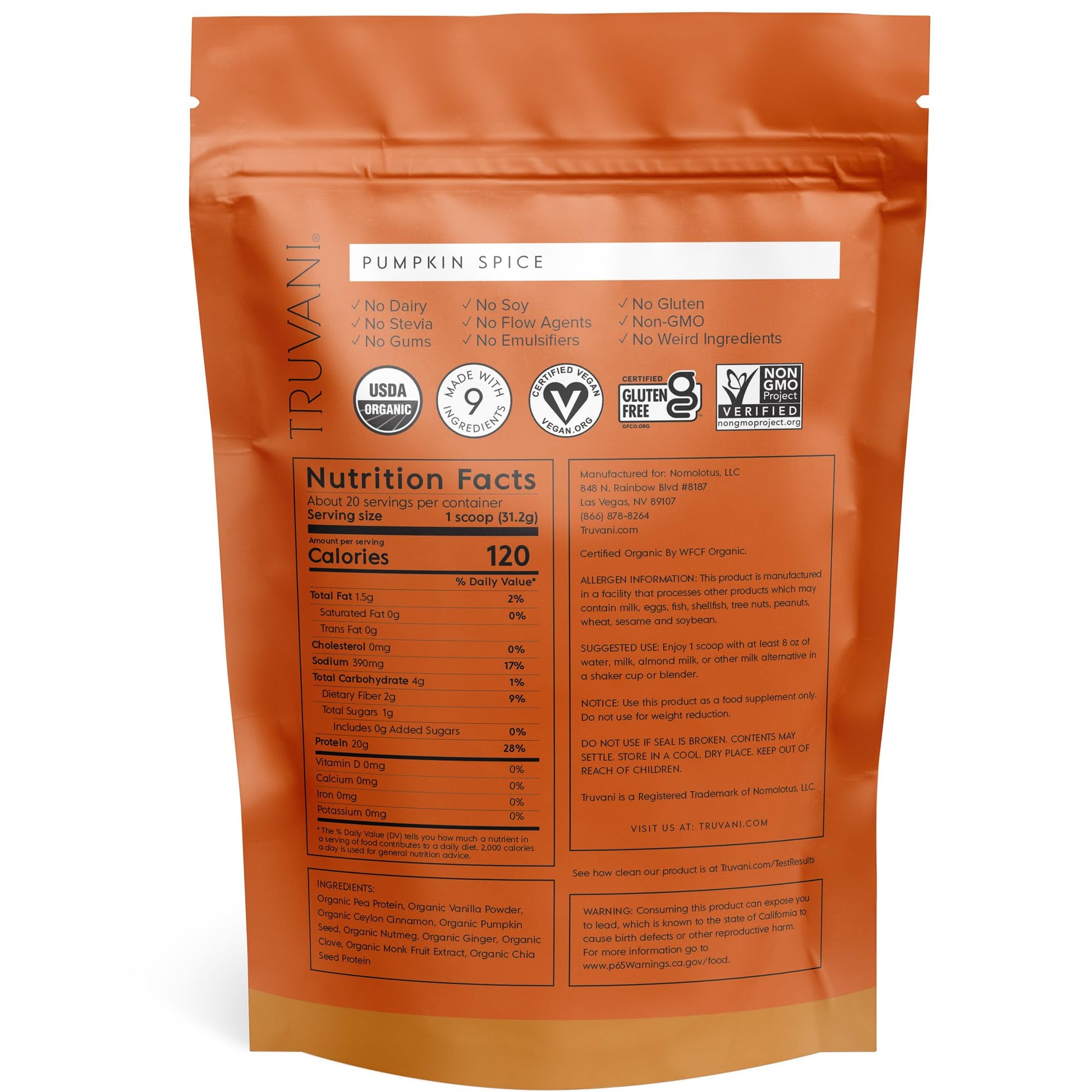 Truvani Organic Vegan Protein Powder Pumpkin Spice - 20g of Plant Based Protein TruvaniUS supplements