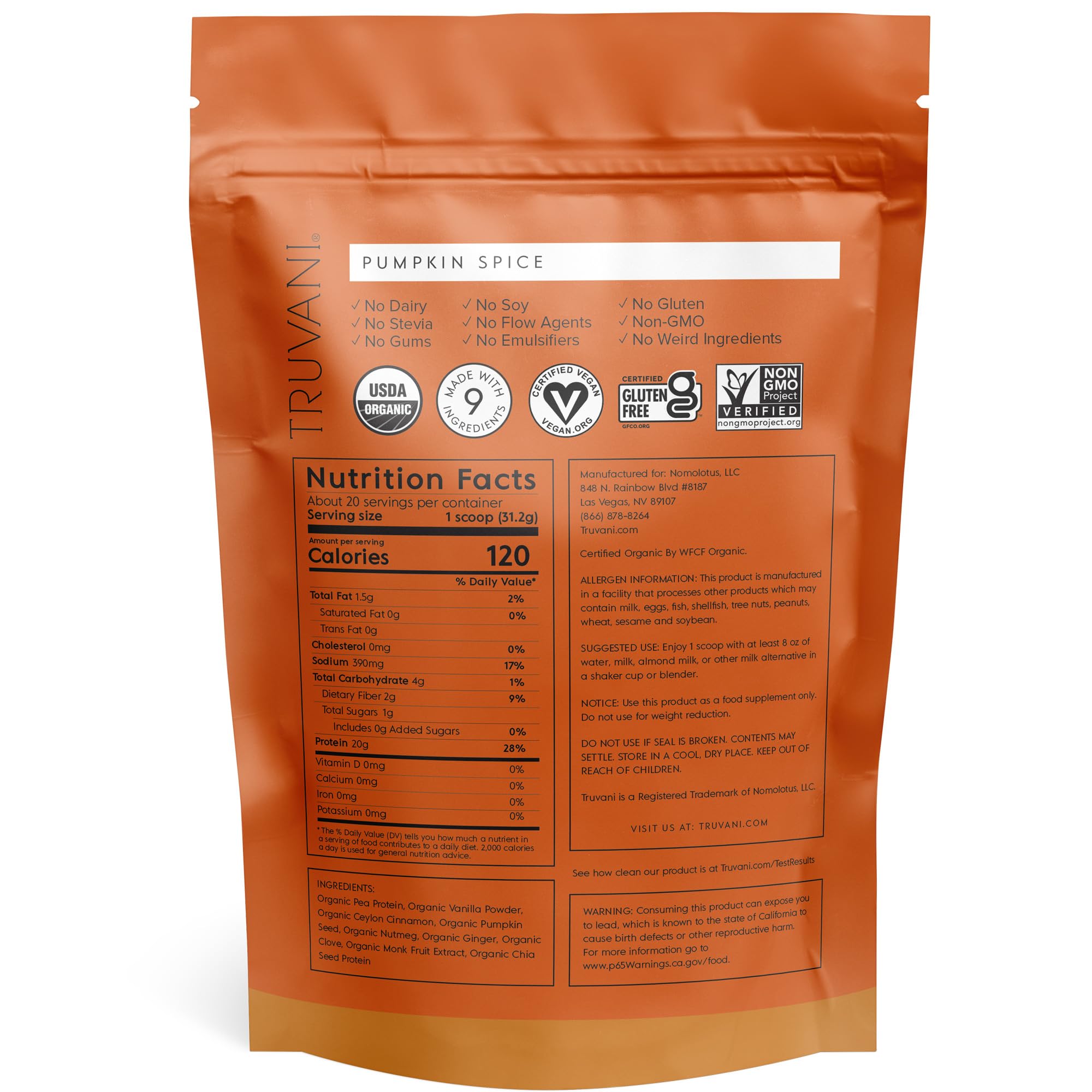 Truvani Organic Vegan Protein Powder Pumpkin Spice - 20g of Plant Based Protein TruvaniUS supplements