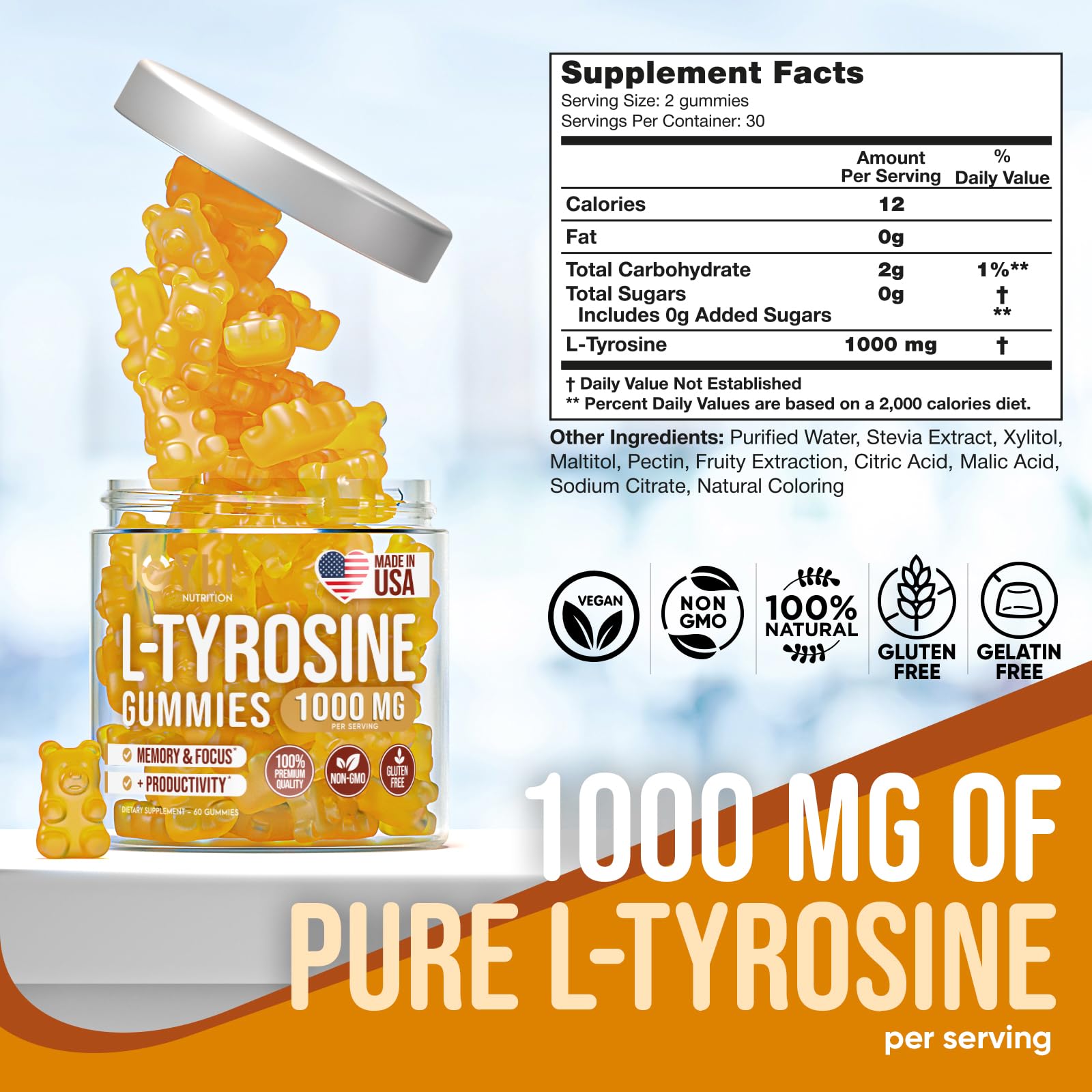 Joyli L Tyrosine Gummies 1000MG - L-Tyrosine Supplement for Kids & Adults - Calm & Focus Gummies for Brain, Memory, Mood, and Energy - 500mg L- Tyrosine Powder per Gummy - Vegan, Gluten-Free JOYLI NutritionUS supplements