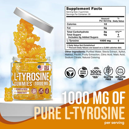 Joyli L Tyrosine Gummies 1000MG - L-Tyrosine Supplement for Kids & Adults - Calm & Focus Gummies for Brain, Memory, Mood, and Energy - 500mg L- Tyrosine Powder per Gummy - Vegan, Gluten-Free JOYLI NutritionUS supplements