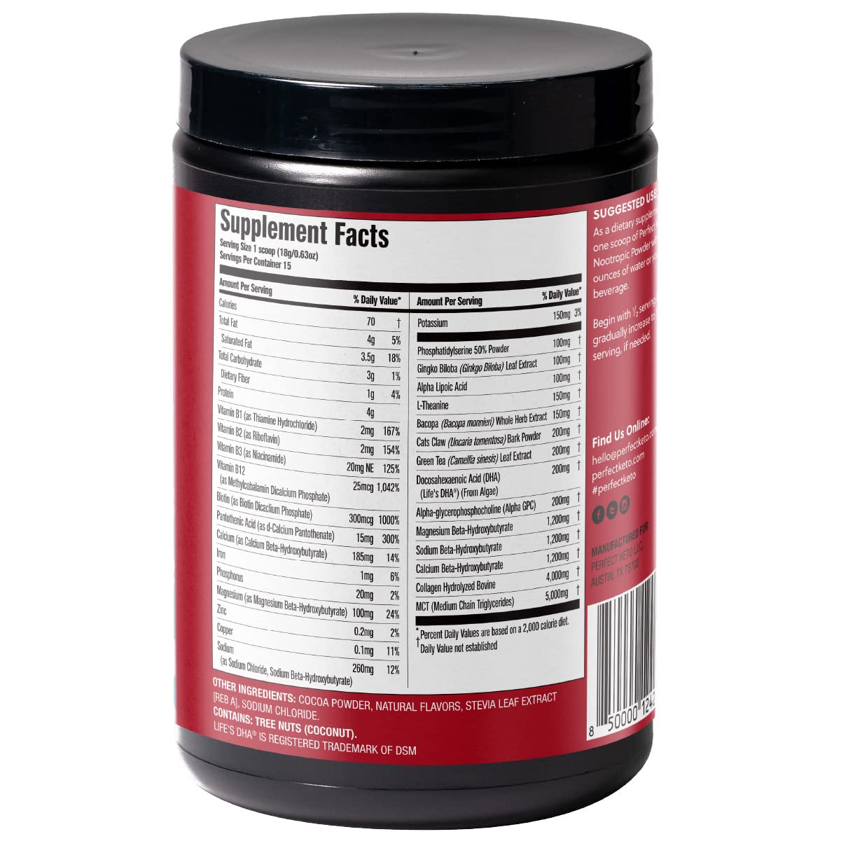 Perfect Keto Nootropic Brain Support, Caffeine Free Focus and Energy Supplement with Alpha Lipoic Acid, L Theanine, Ginkgo Biloba, Alpha GPC, MCT's, Collagen, Ketones, Chocolate Drink Mix, 15 Servings Perfect KetoAu supplements