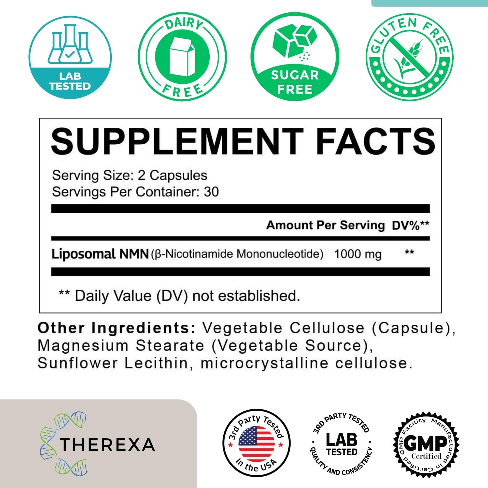 NMN Supplement 1000mg Pure - Liposomal NMN for NAD+ Supplement, Tested in USA, 60 Capsules THEREXAAu supplements