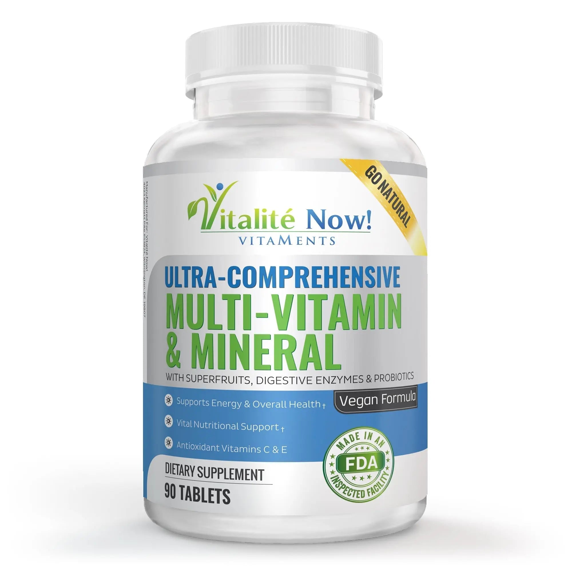 Vegan Whole Food Multivitamin & Mineral - Vitamins A B1 B2 B6 B12 C D3 E & 110 Super Foods, Herbs, Greens & Reds Vitalité Now!Au supplements