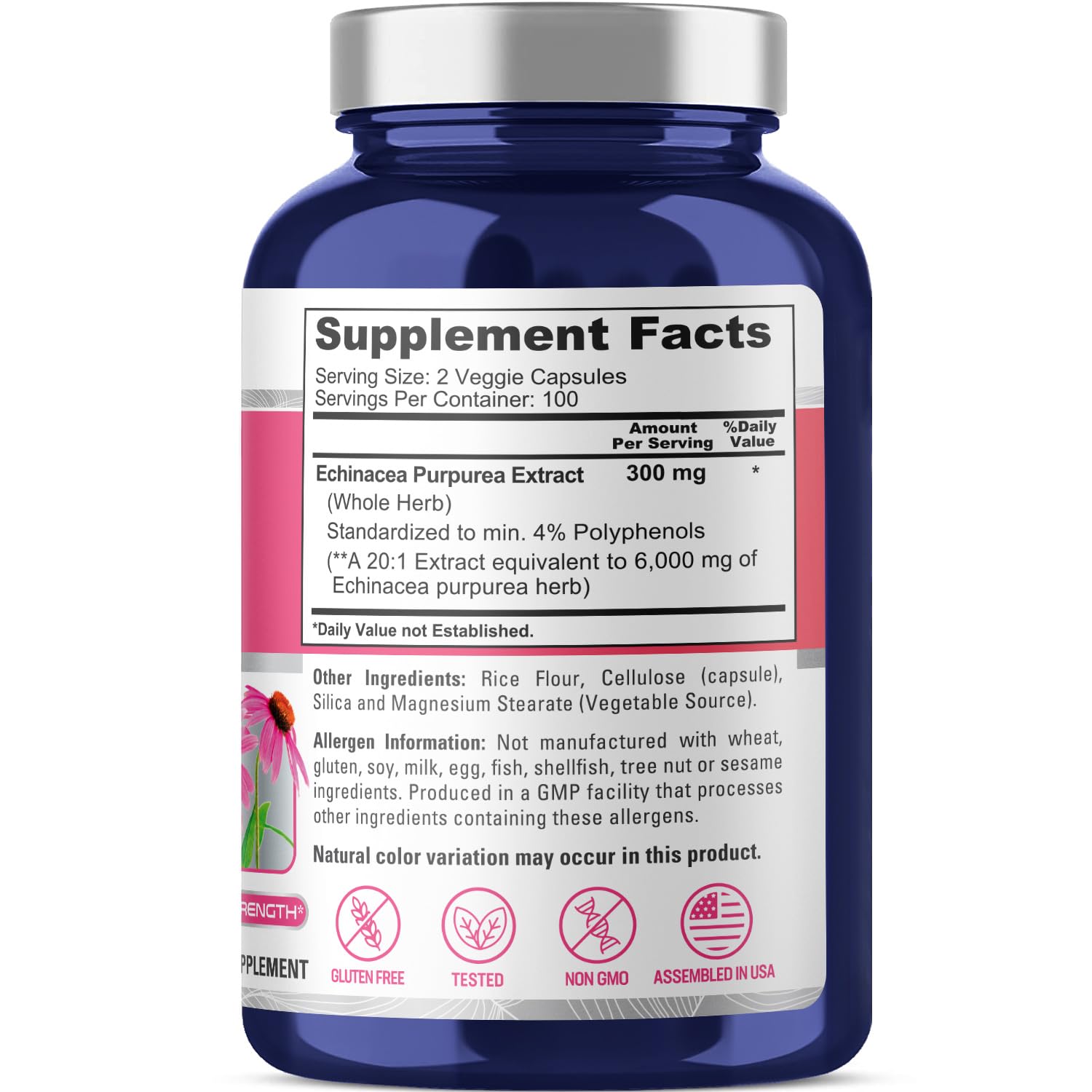 NusaPure Echinacea 20:1 Extract, 300 mg Equivalent to 6,000mg 200 Veggie Caps, Vegan, Non-GMO, Gluten Free Supplement NusaPureAu supplements