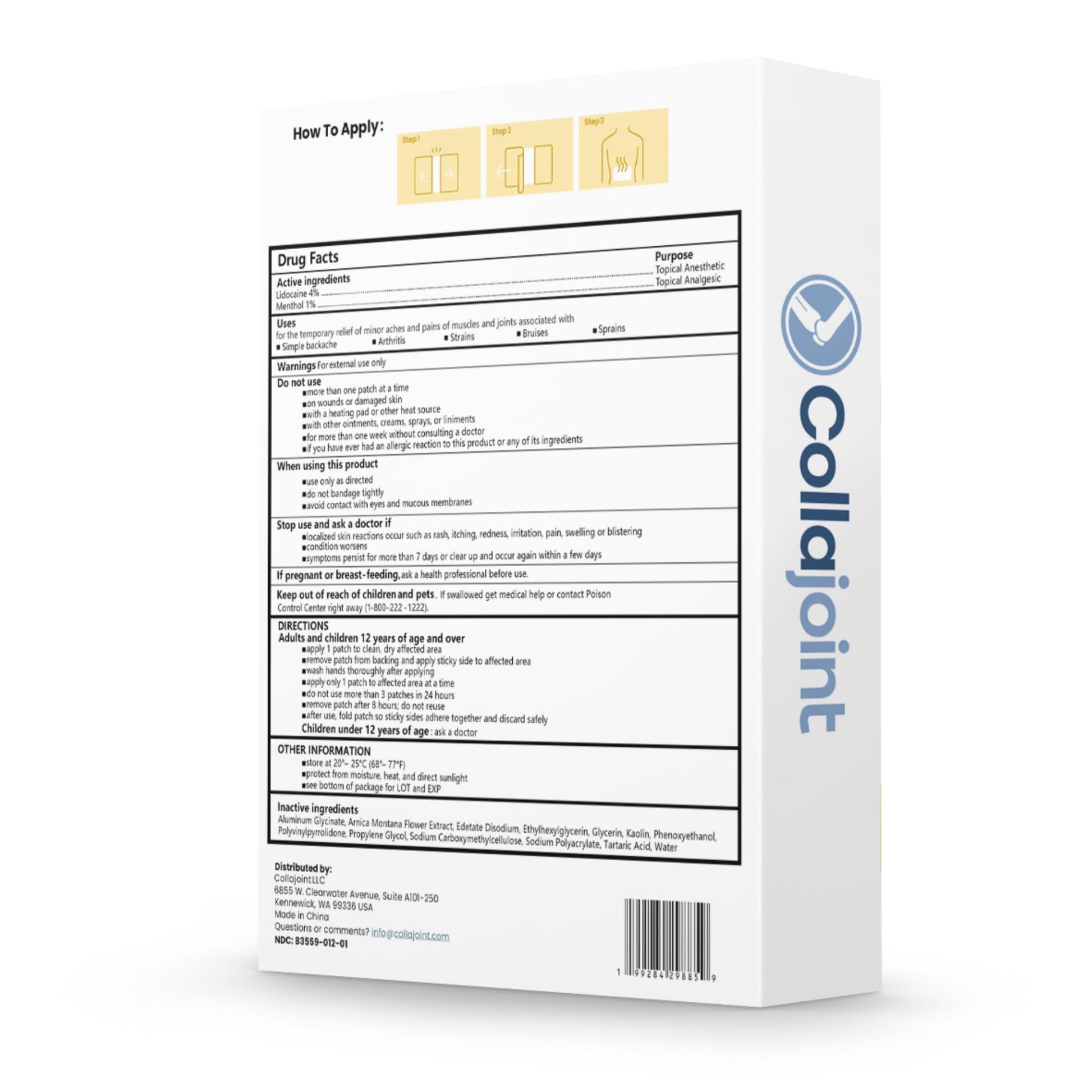 Collajoint Maximum-Strength Lidocaine 4% & Menthol 1% Hydrogel Pain Relief Patch with Arnica Montana Flower Extract-Temporary Numbing & Cooling Relief for Sore Muscles, Stiff Joints & Arthritis CollajointAu supplements