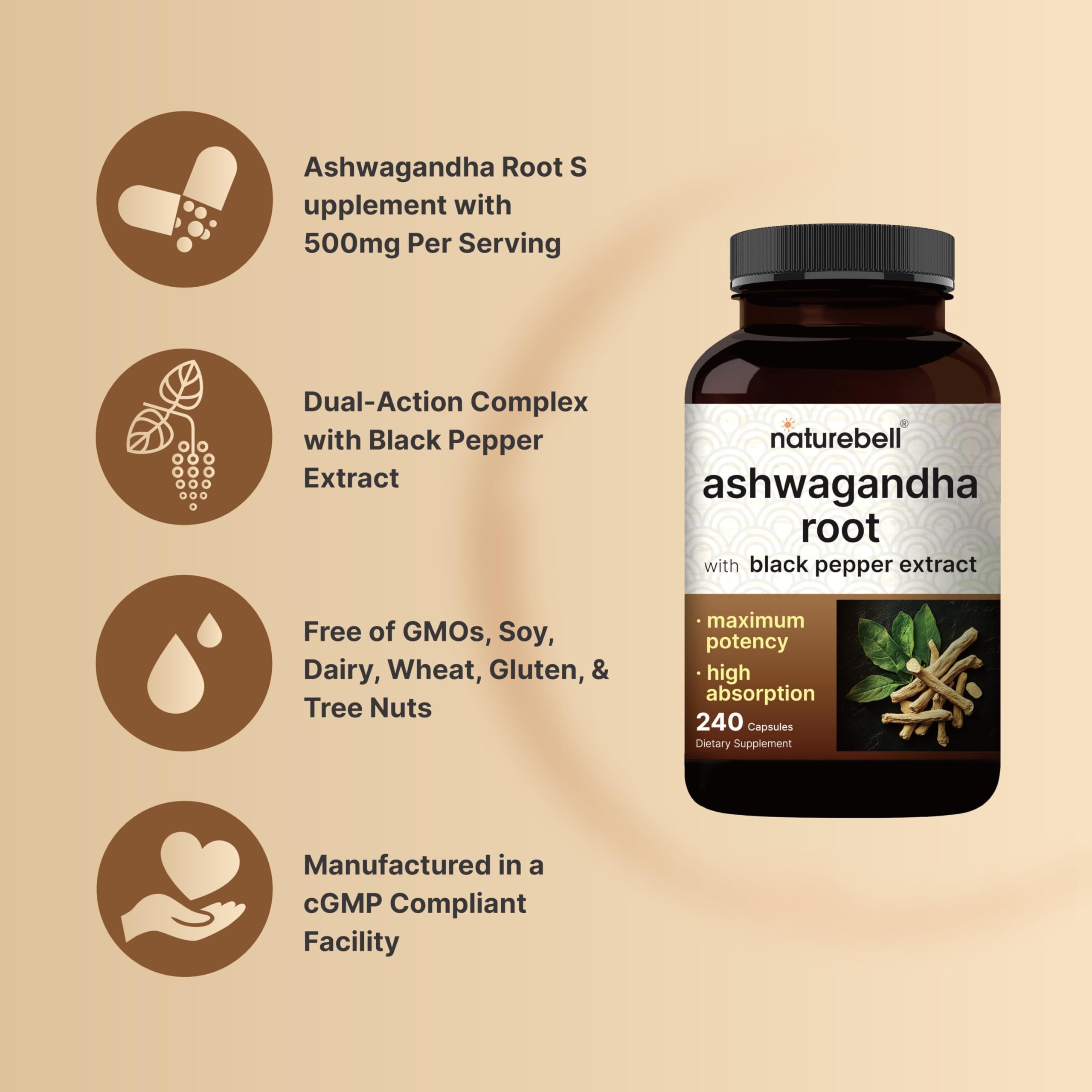 NatureBell Ashwagandha Root with Black Pepper Extract - 240 Capsules - High Strength Adaptogen for Calmness, Relaxation & Immune Support* NatureBellAu supplements