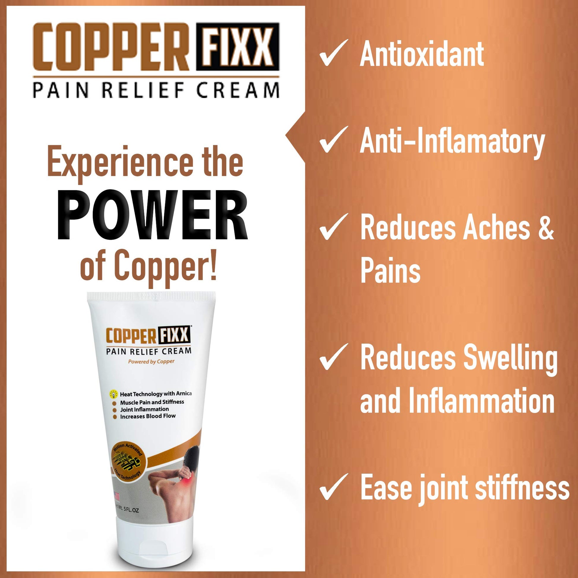 CopperFixx Pain Relief Cream, 5 Fl Oz Tube Powered by Copper with Heat Technology Arnica for Muscle & Stiffness Joint Inflammation, Knee, Back, Shoulder Arthritis Pain. Fast Acting, CF03028 CopperFixxAu supplements