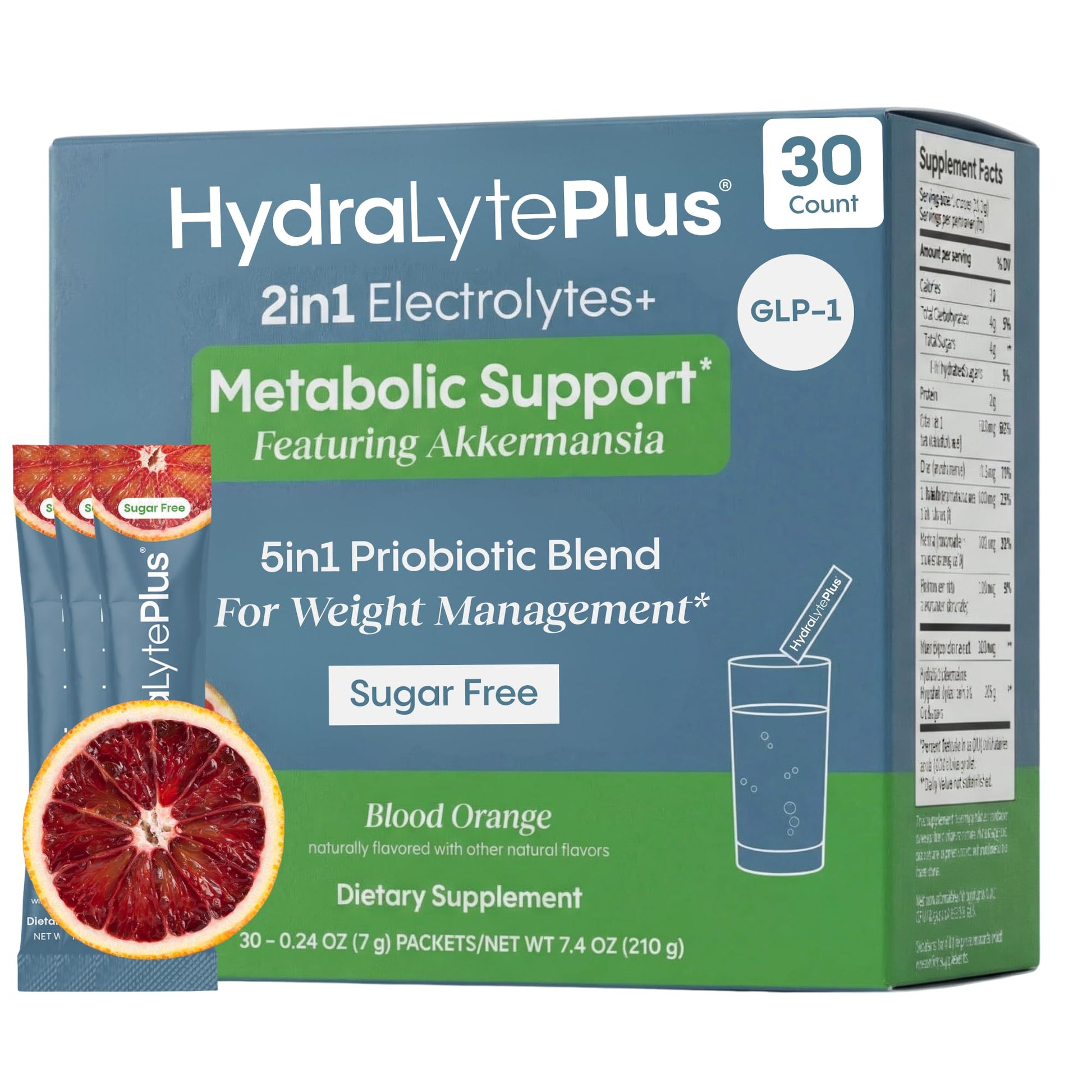 Hydralyte Plus Metabolic Support - GLP-1 Weight Loss Management and Gut Health - 5in1 Probiotic Blend - Akkermansia Muciniphila + Prebiotic Fiber + Electrolytes - Sugar Free (30 Packets) HydralyteAu supplements