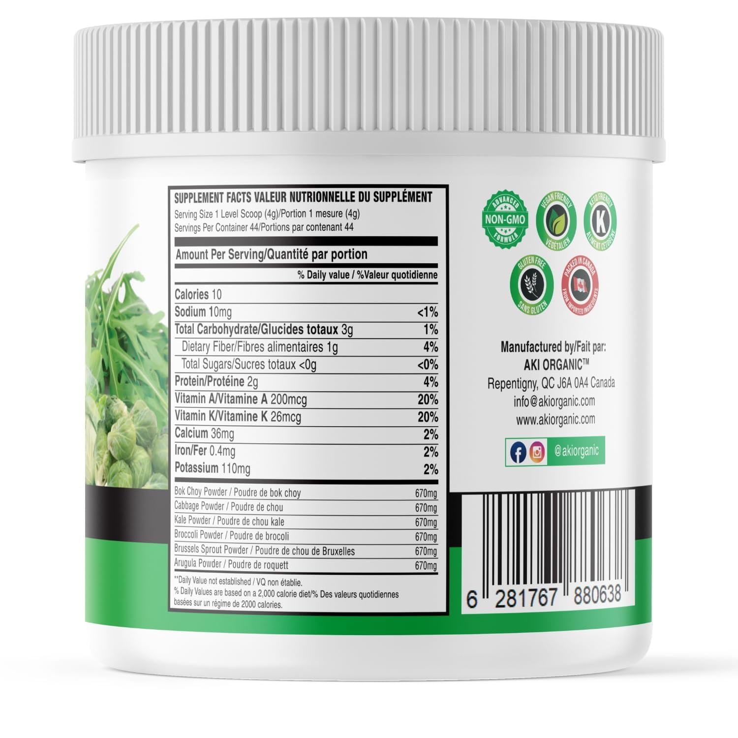 AKI Cruciferous Superfood Green Mix Powder - Made from Kale, Broccoli, Brussels Sprouts, Cabbage - Packed with Essential Phytonutrients & Vitamins ((5.3oz/150g)) AKI ORGANICAu supplements
