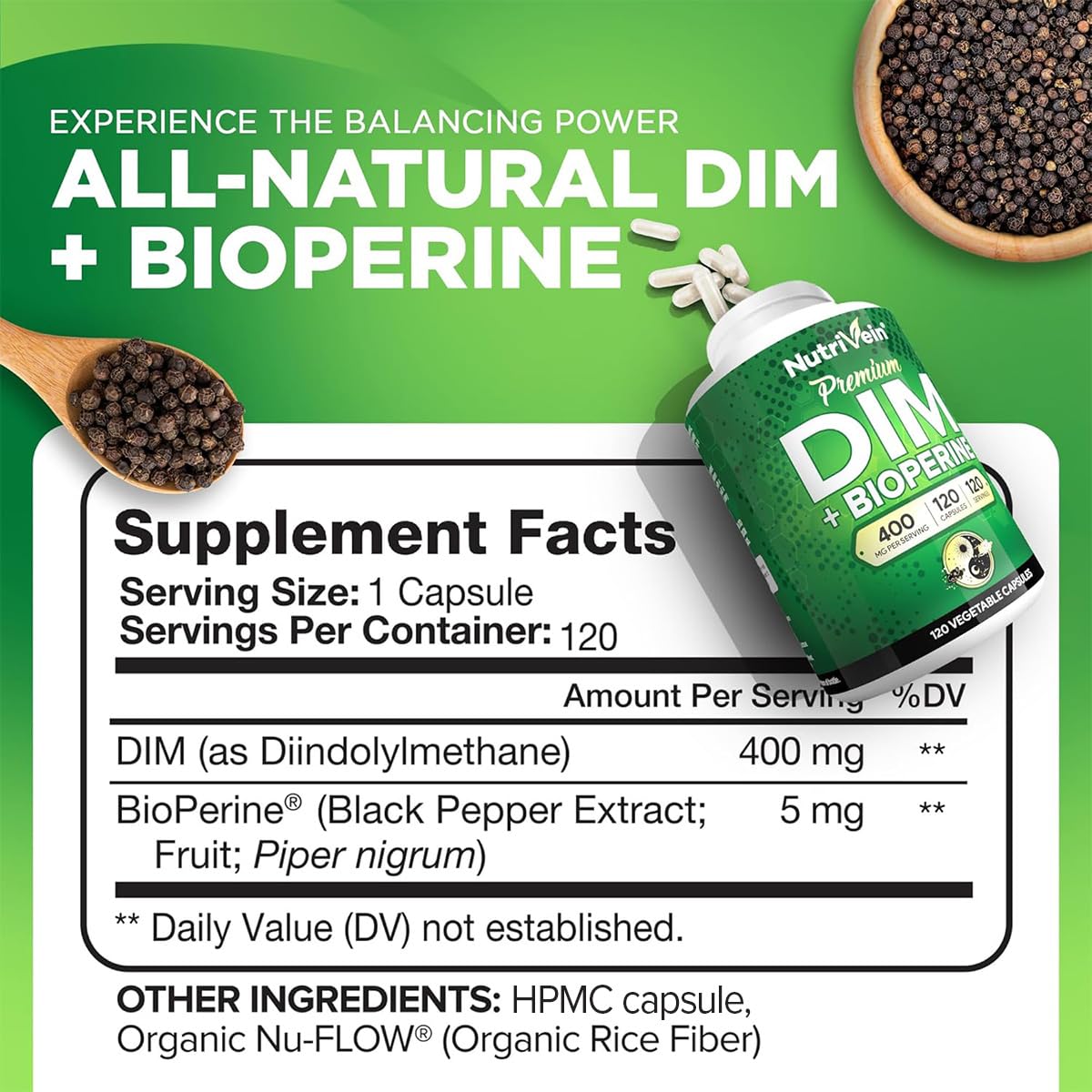 Nutrivein Premium DIM Supplement 400 mg Daily - 120 Servings (120 Capsules): Diindolylmethane for Women and Men - Plus Bioperine - Estrogen Supplement - Menopause and Middle Age Support NutriveinAu supplements