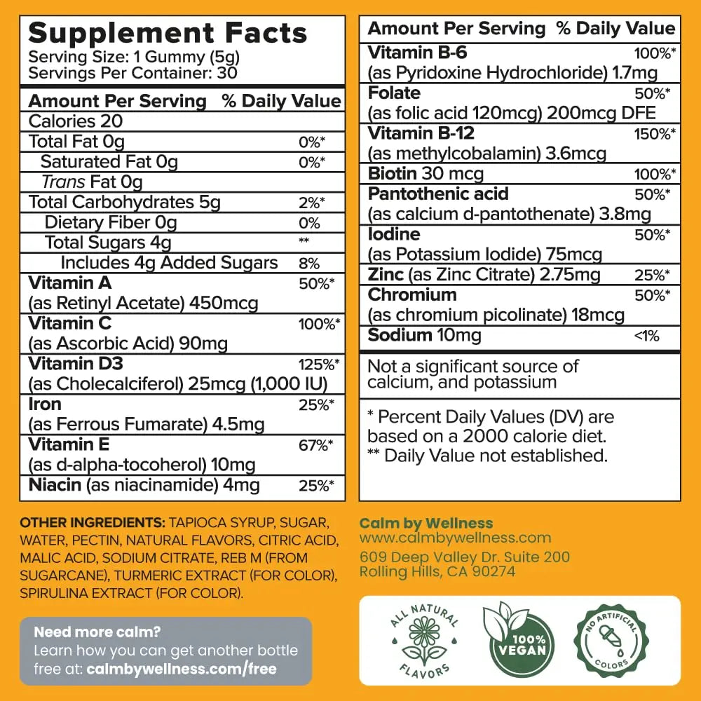 Calm by Wellness Multivitamin Gummies - All Natural Vegan Adult Multivitamin Gummy - Packed with Antioxidant Vitamins C & E, B12, B6 Calm by WellnessAu supplements