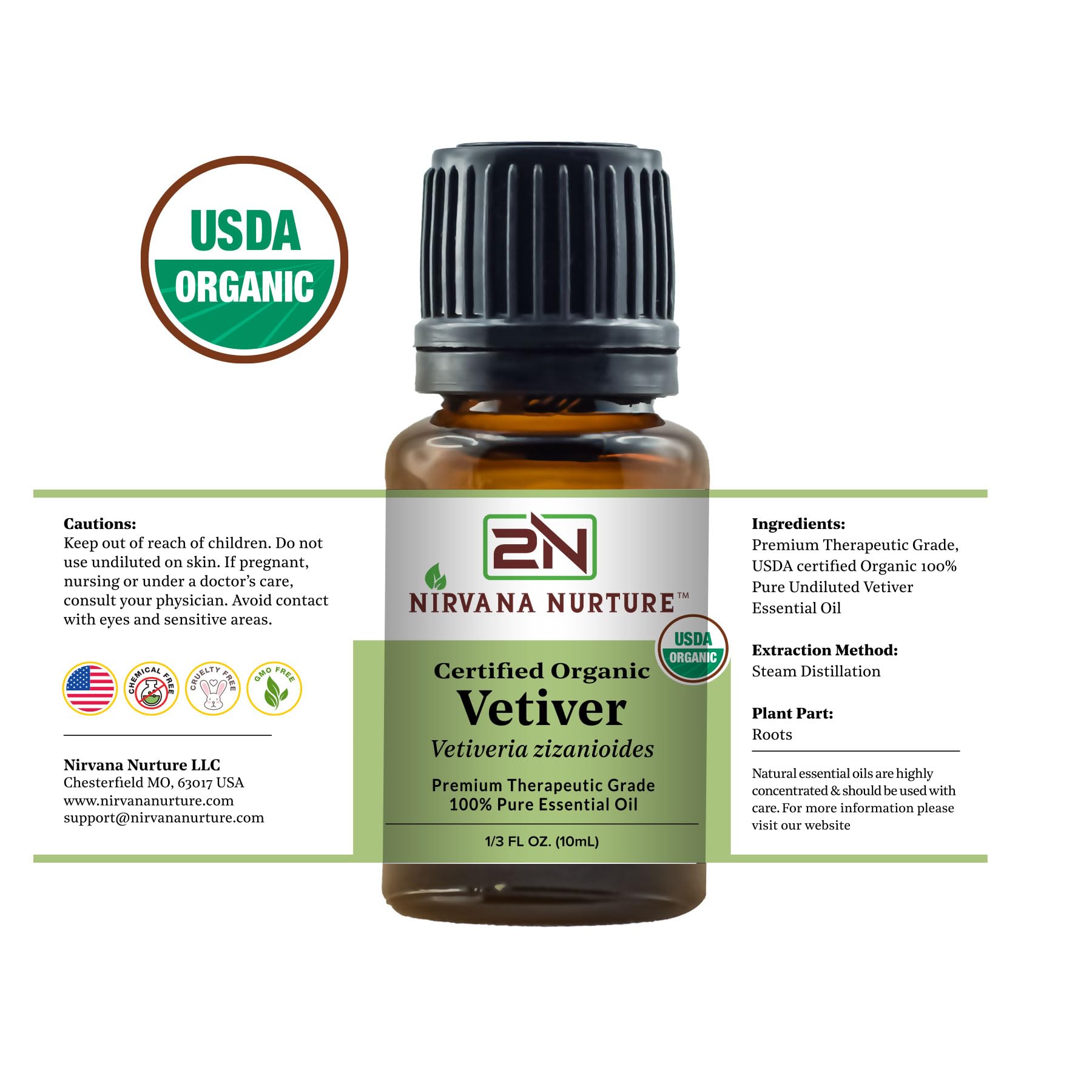 Nirvana Nurture Vetiver Essential Oil USDA Certified Organic 100% Pure Premium Therapeutic Grade Nirvana NurtureAu supplements