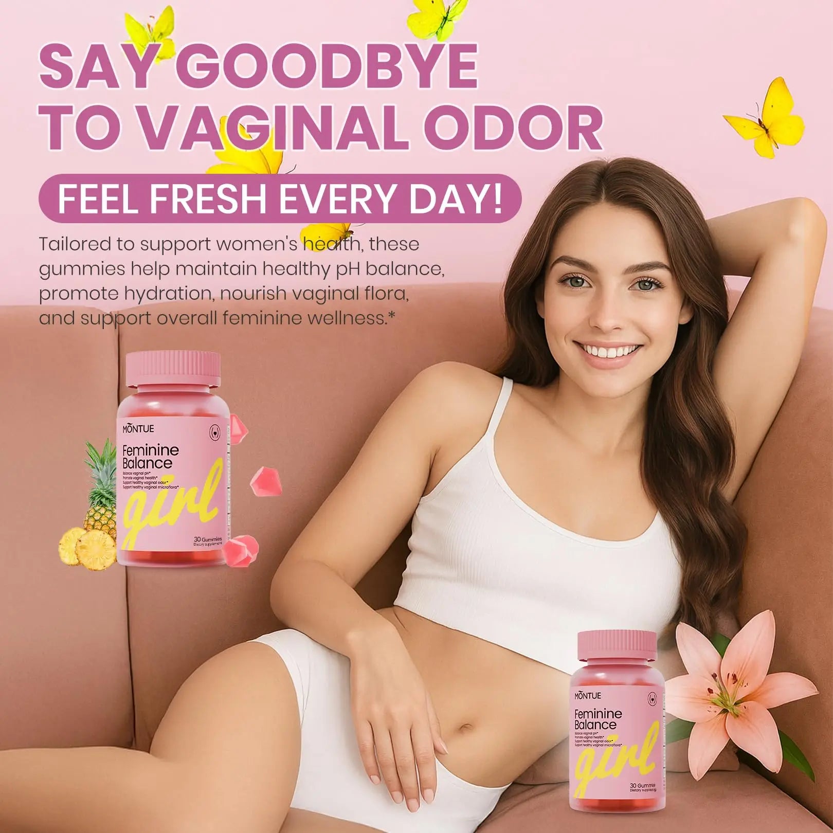 Montue Premium Diamond Feminine Balance Gummies-pH Balance with Prebiotics & Lactobacillus Probiotic Blend&Hawaiian Pineapple Immune Support,Vegan& Non-GMO（30 Gummies） MontueAu supplements