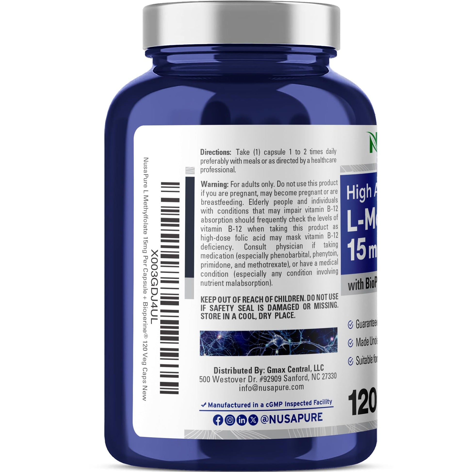NusaPure L Methylfolate 15mg, 120 Veggie Capsules, Bioperine & Vegan NusaPureAu supplements