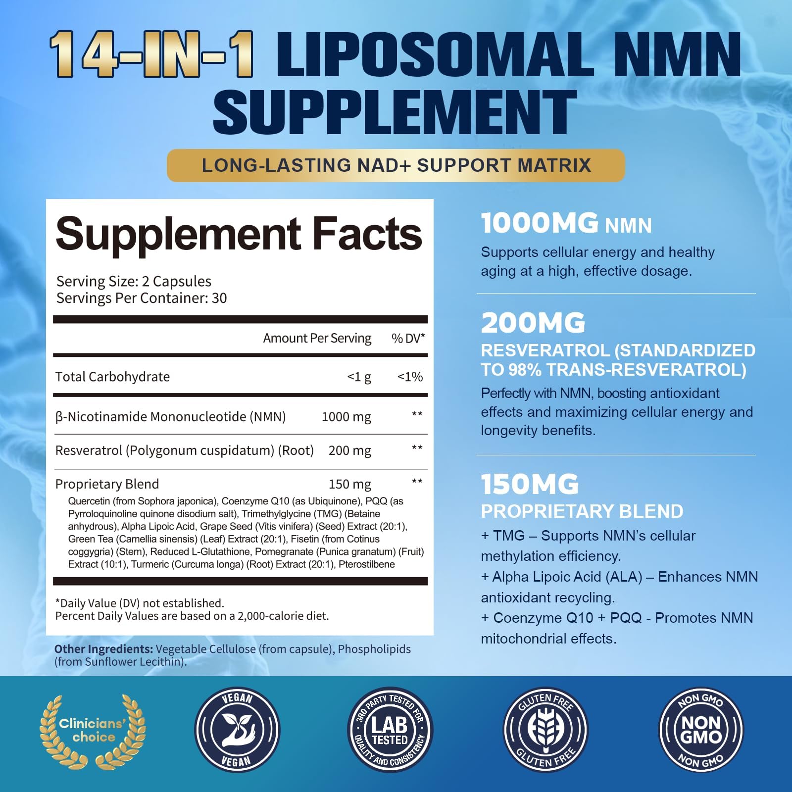 Totaria Liposomal NMN Supplement 1000mg, 14-in-1 NMN Resveratrol Complex with CoQ10, TMG, Quercetin, ALA, PQQ, Support NAD Levels, Cellular Energy & Healthy Aging, 60 Capsules, cGMP, Filler Free TotariaAu supplements