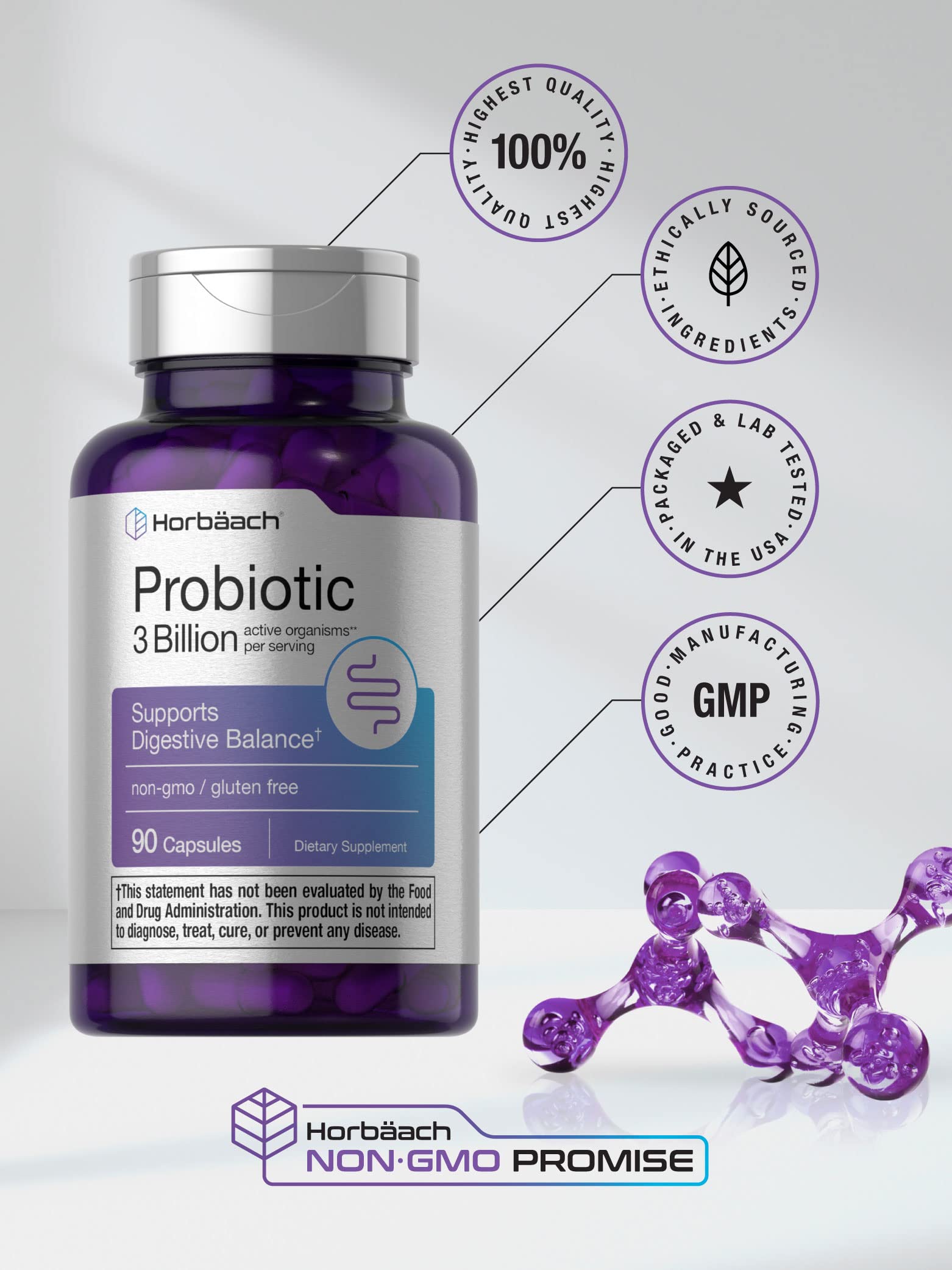 Probiotic for Women & Men's Digestive Health | 3 Billion CFU | 90 Capsules | Non-GMO HorbäachAu supplements