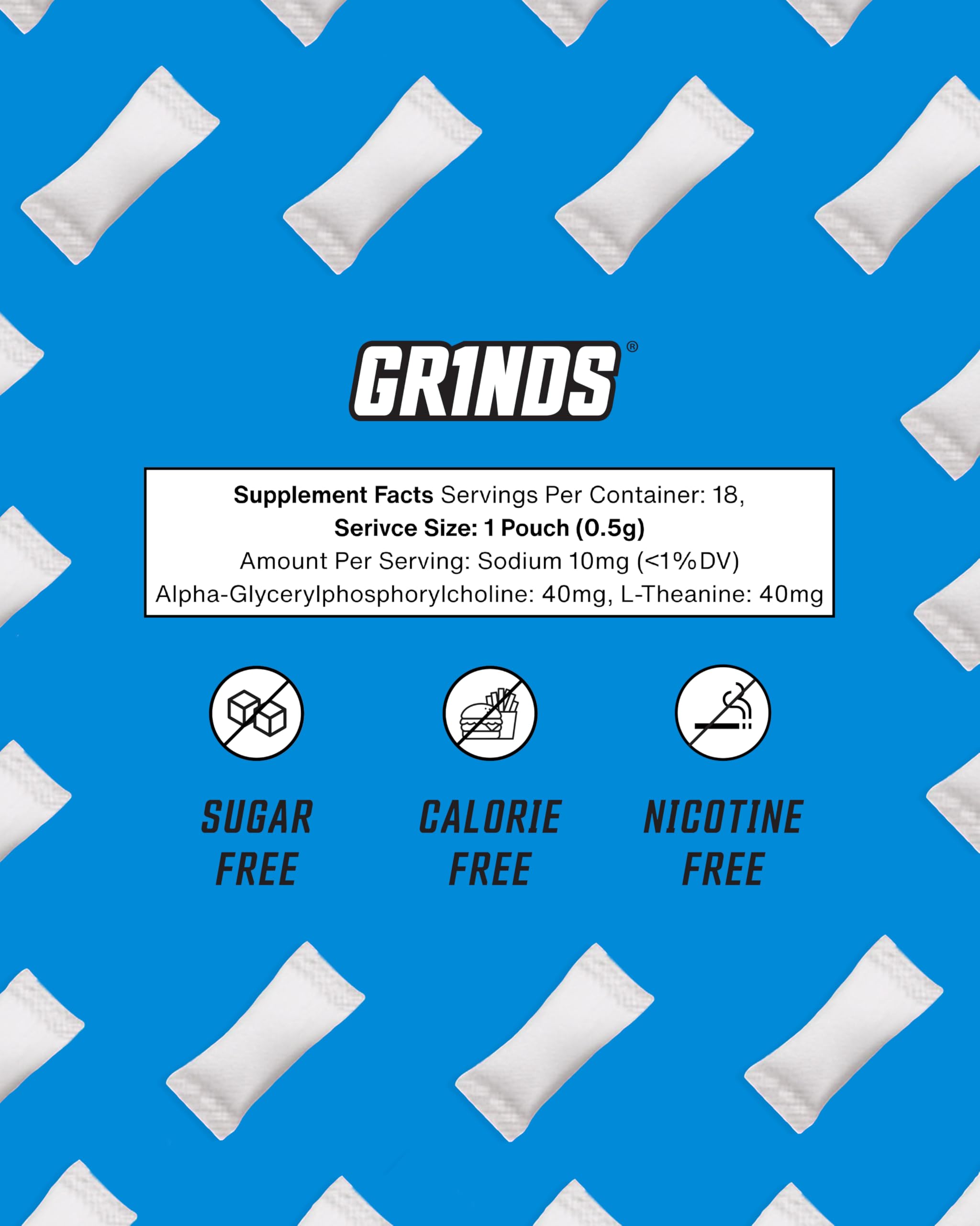 GRINDS Focus Pouches - Naturally Flavored with Nootropic Ingredients - Contains Alpha GPC and L-Theanine - Nicotine-Free, Sugar-Free - 3 Pack, 18 Pouches Per Can - Blue Raspberry GRINDSAu supplements