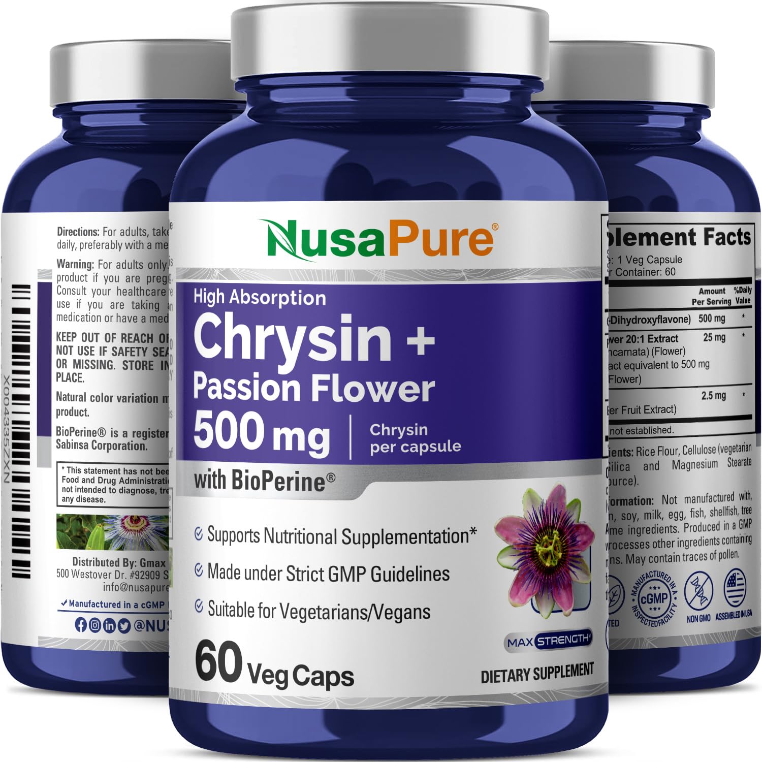 NusaPure Chrysin 500mg, 60 Veggie Capsules | Passion Flower Complex 500mg Supplement | 5, 7-Dihydroxyflavone | Concentrated Extract | Non-GMO, BioPerine & Vegan NusaPureAu supplements