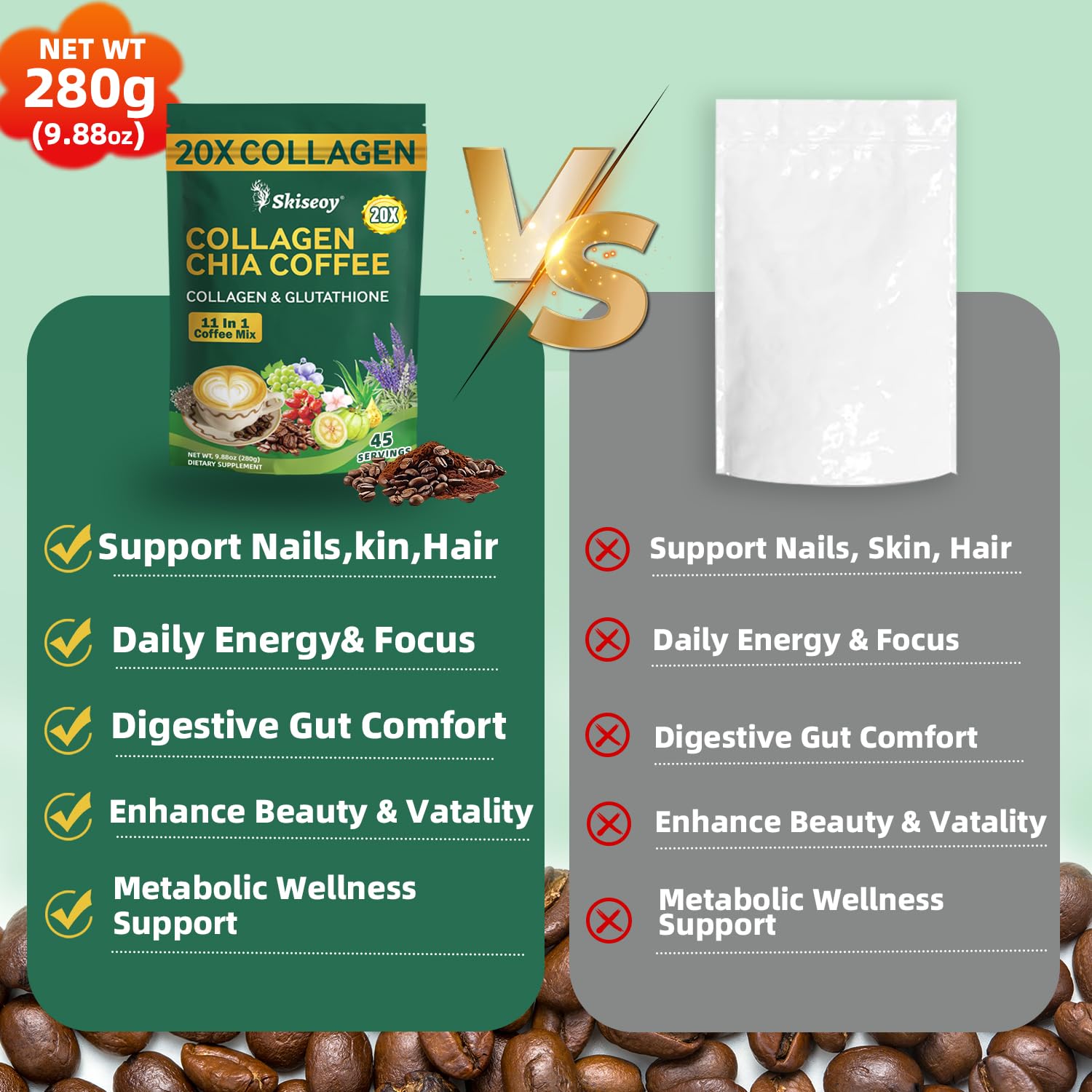 Skiseoy 20x Collagen Chia Coffee - 11-in-1 Coffee Shape Mix with L-Glutathione for Skin, Hair, Joints - Boost Energy and Focus, Vegan Friendly, 45 Servings SkiseoyAu supplements