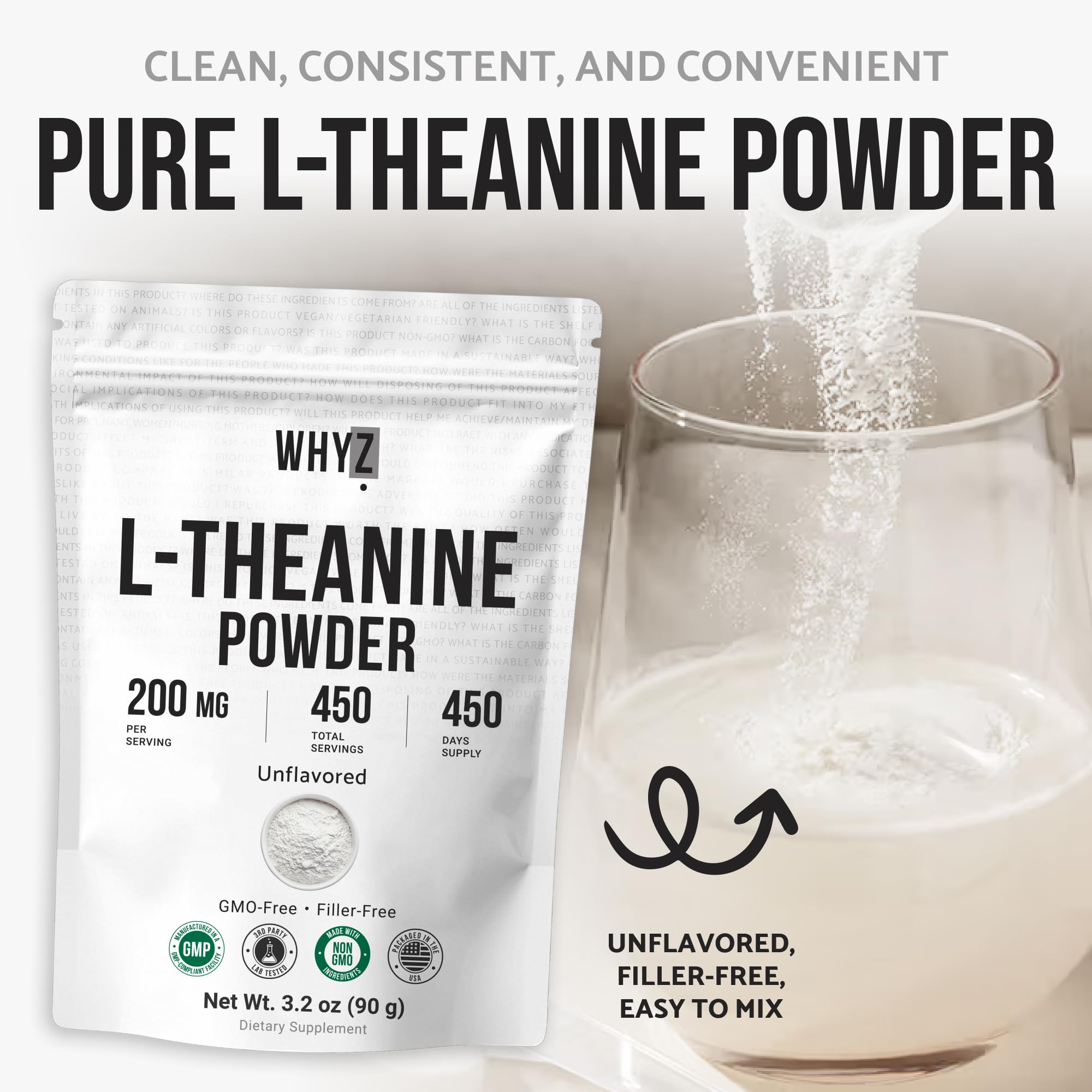Pure L-Theanine Powder Unflavored Amino Acid Supplement Powder from Fine L-Theanine for Smooth Mixing Vegan Friendly Non-GMO No-Additives for Smoothies Drinks and Daily Nutrition Support, 3.2 oz (90g) WHYZAu supplements