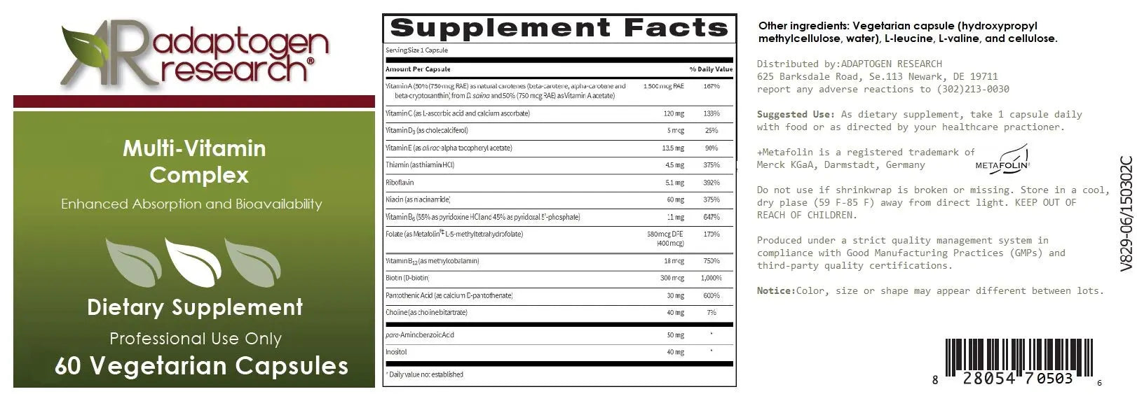 Multi-Vitamin Complex | Once Daily Multivitamin Supplement with Folate as Metafolin L-5-MTHF B12 as Methylcobalamin Vitamin A C D3 and more Adaptogen ResearchAu supplements