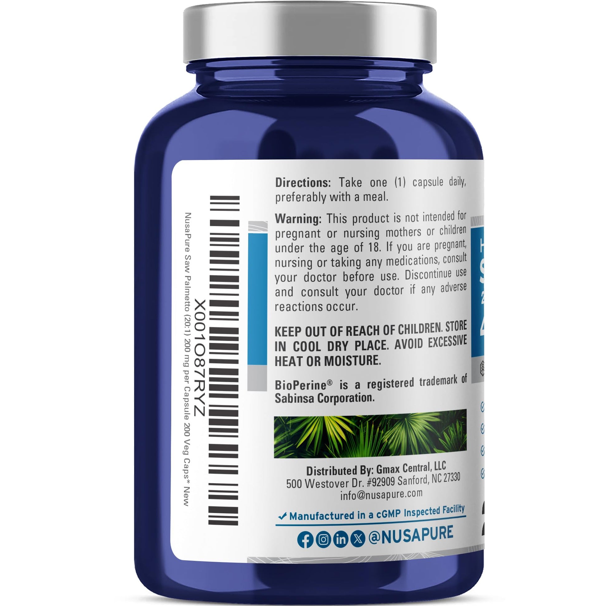 NusaPure Saw Palmetto 20:1 Extract, 200 mg Equivalent to 4,000 mg per Veggie Caps 200 Count Non-GMO, Vegan, Vegetarian, Bioperine NusaPureAu supplements